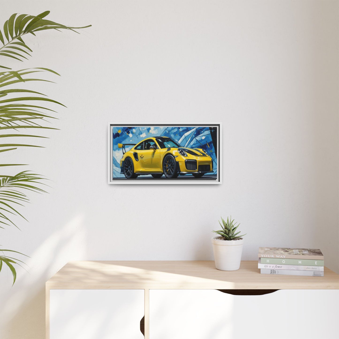 Yellow Porsche Sports Car Matte Framed Canvas – Modern Automotive Wall Art