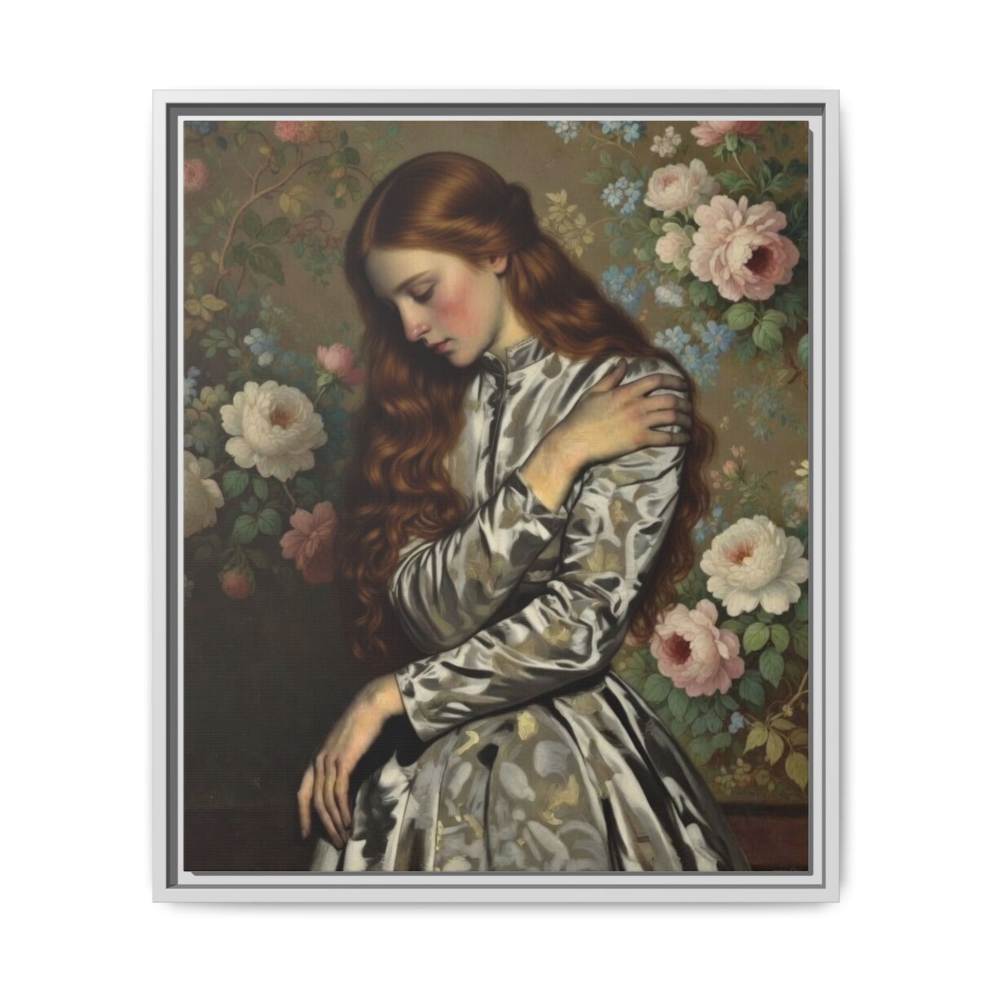 Framed Matte Canvas Art — Vintage Floral Portrait of a Young Woman