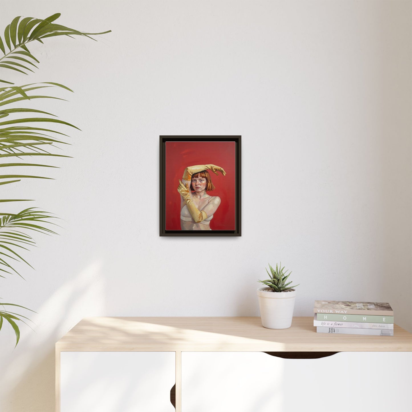 Framed Matte Canvas Art - Portrait of Woman in Yellow Gloves (Red Background)
