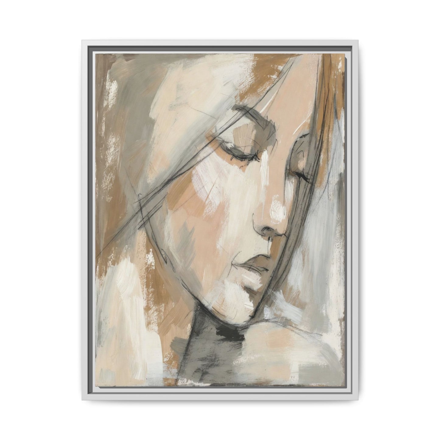 Framed Matte Canvas Art — Serene Abstract Portrait in Neutrals
