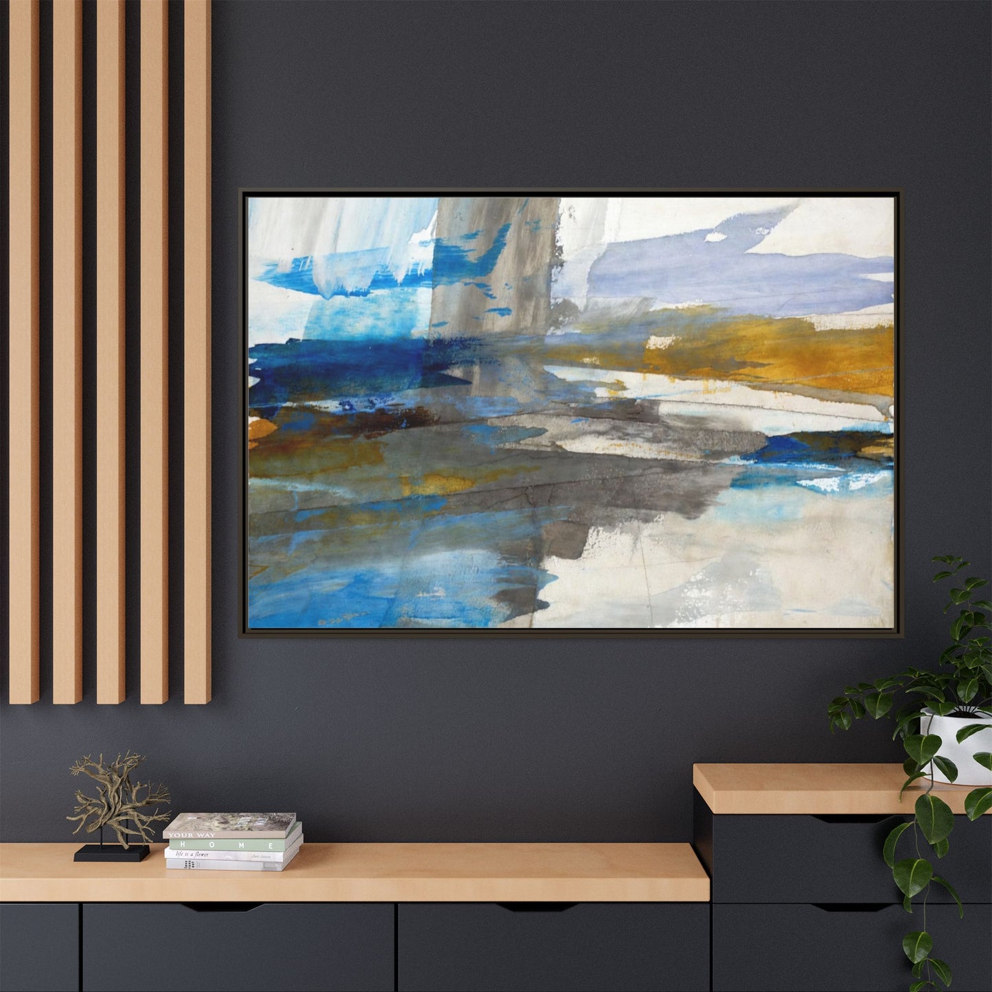 Abstract Blue & Gold Framed Canvas Art — Matte Multi-Color Wall Print