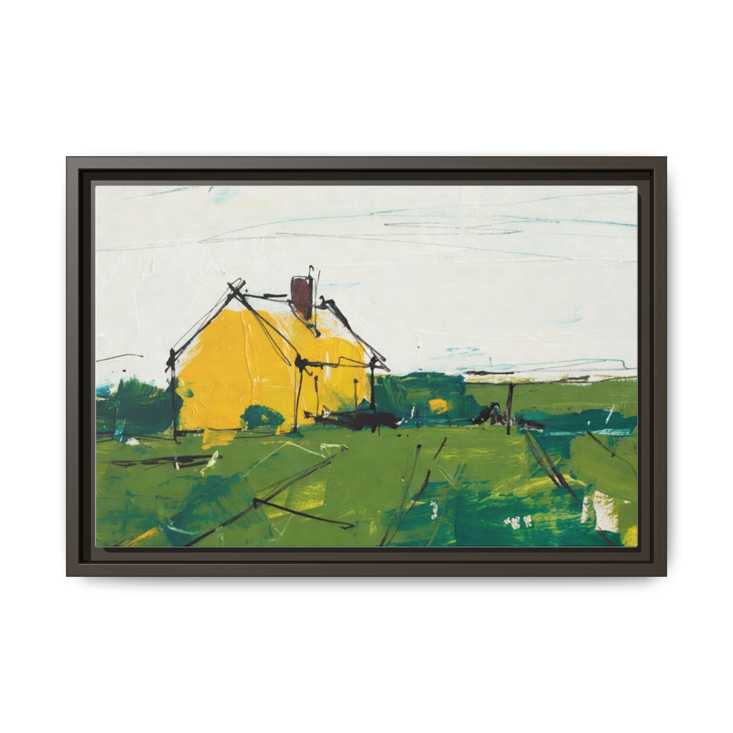 Yellow Cottage Landscape Framed Canvas Print