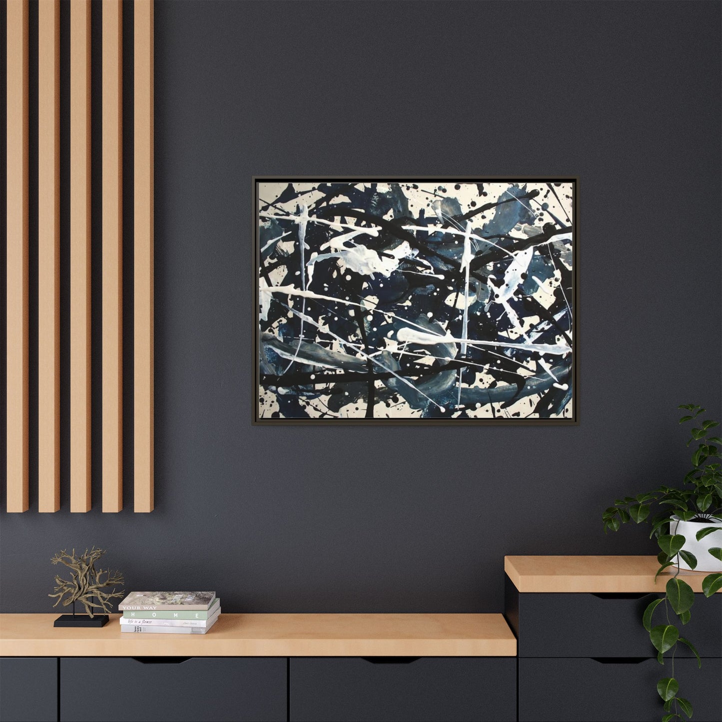 Abstract Splatter Matte Canvas Framed Wall Art — Black & Blue Modern Art Print