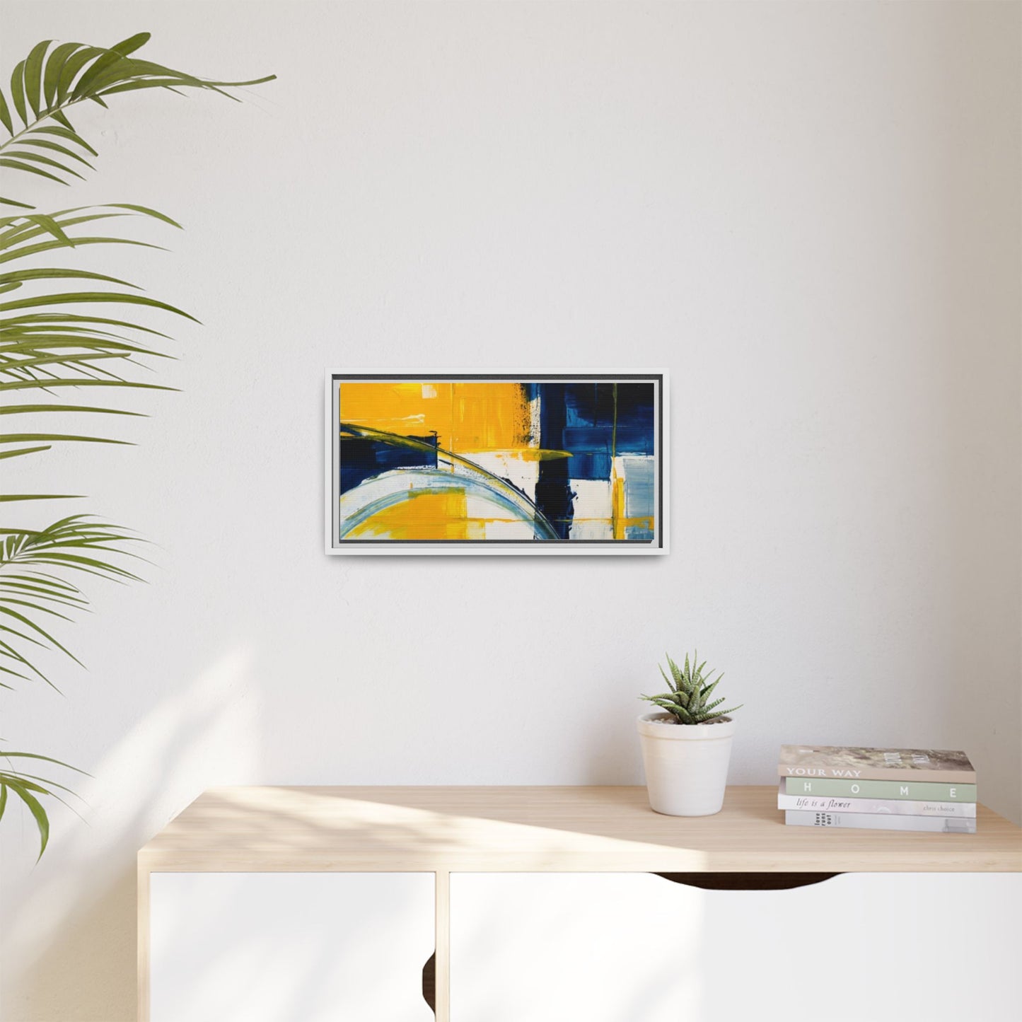 Abstract Yellow & Blue Framed Canvas Wall Art — Modern Matte Canvas Print
