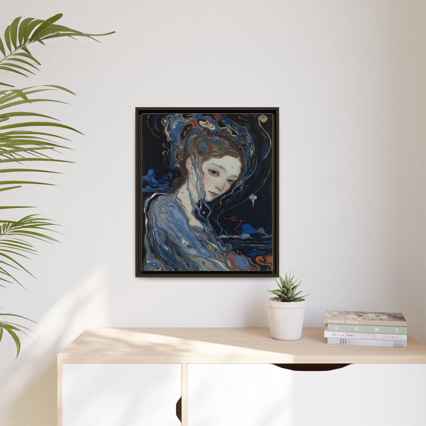 Framed Matte Canvas Art Print — Surreal Blue Maiden Portrait
