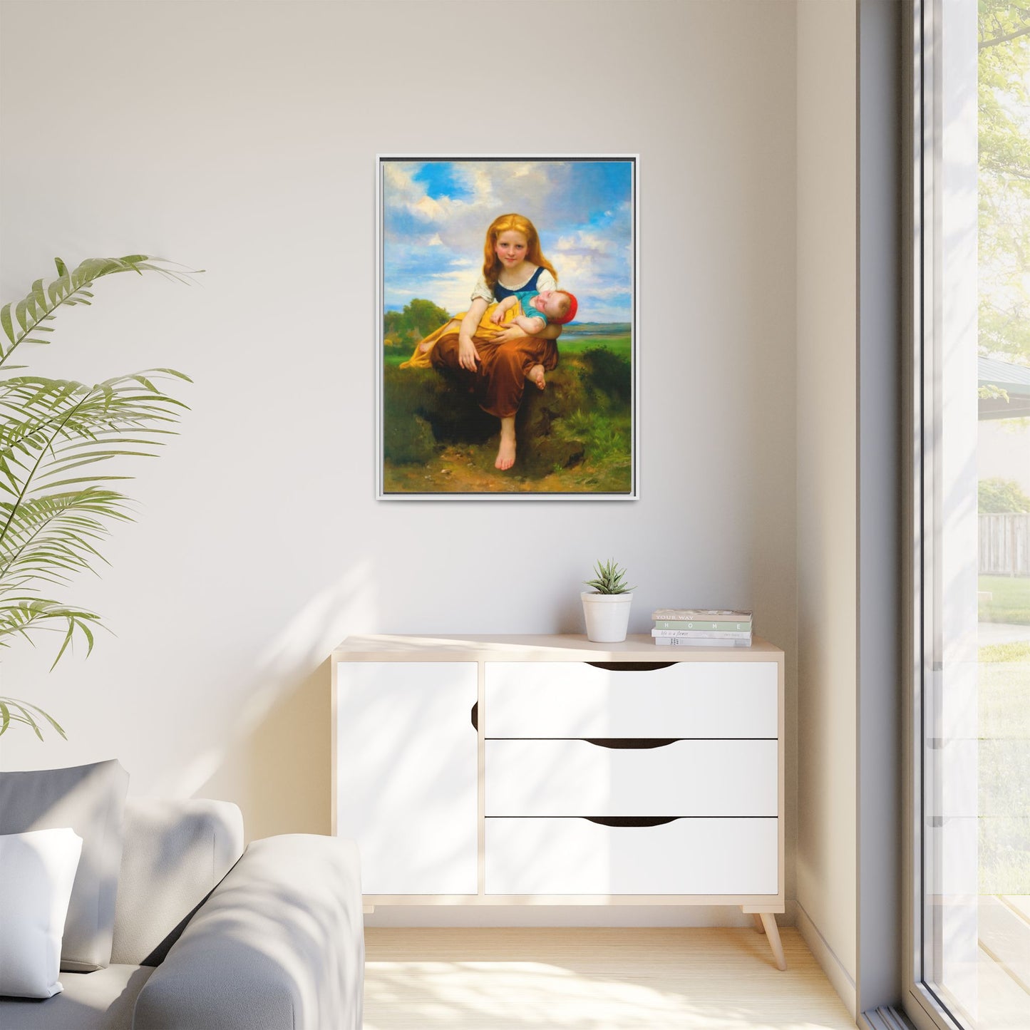 Young Girl Holding Sleeping Baby Canvas Print, Framed Wall Art