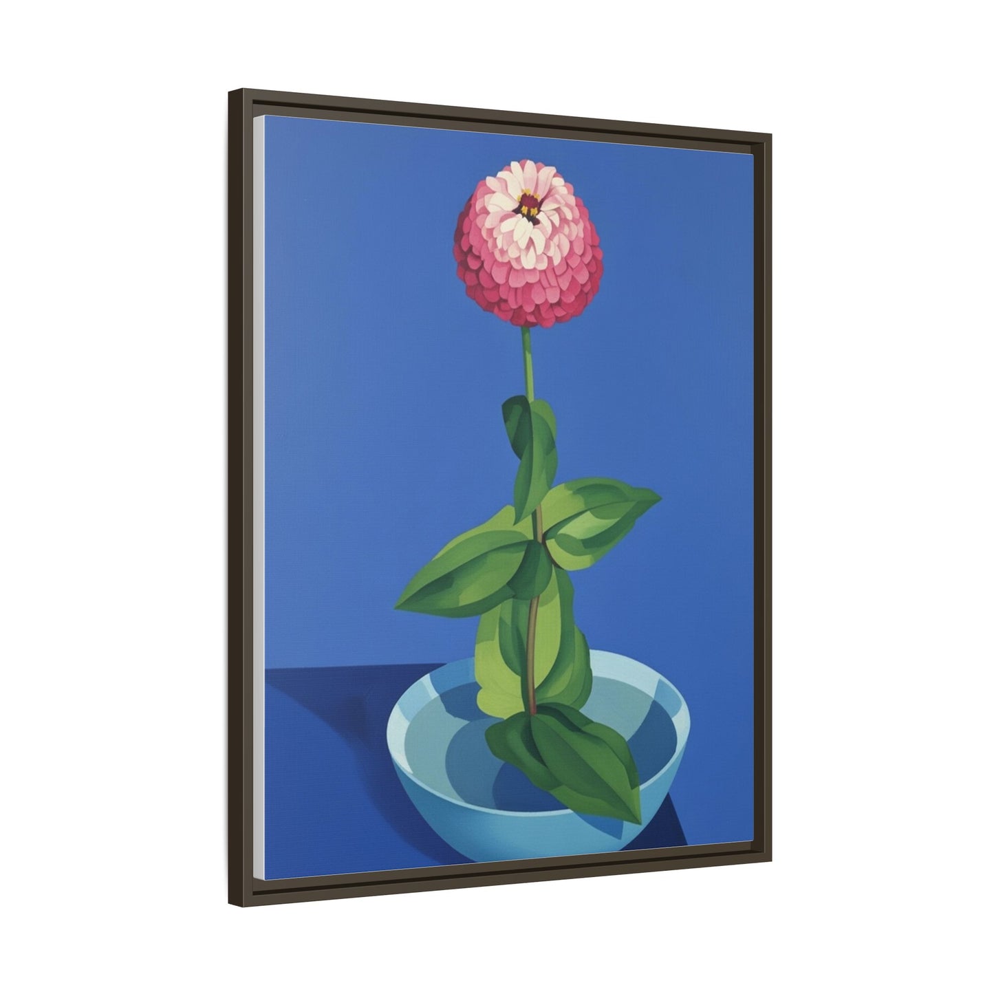 Framed Matte Canvas Art — Pink Zinnia in Blue Bowl (Botanical Still Life)