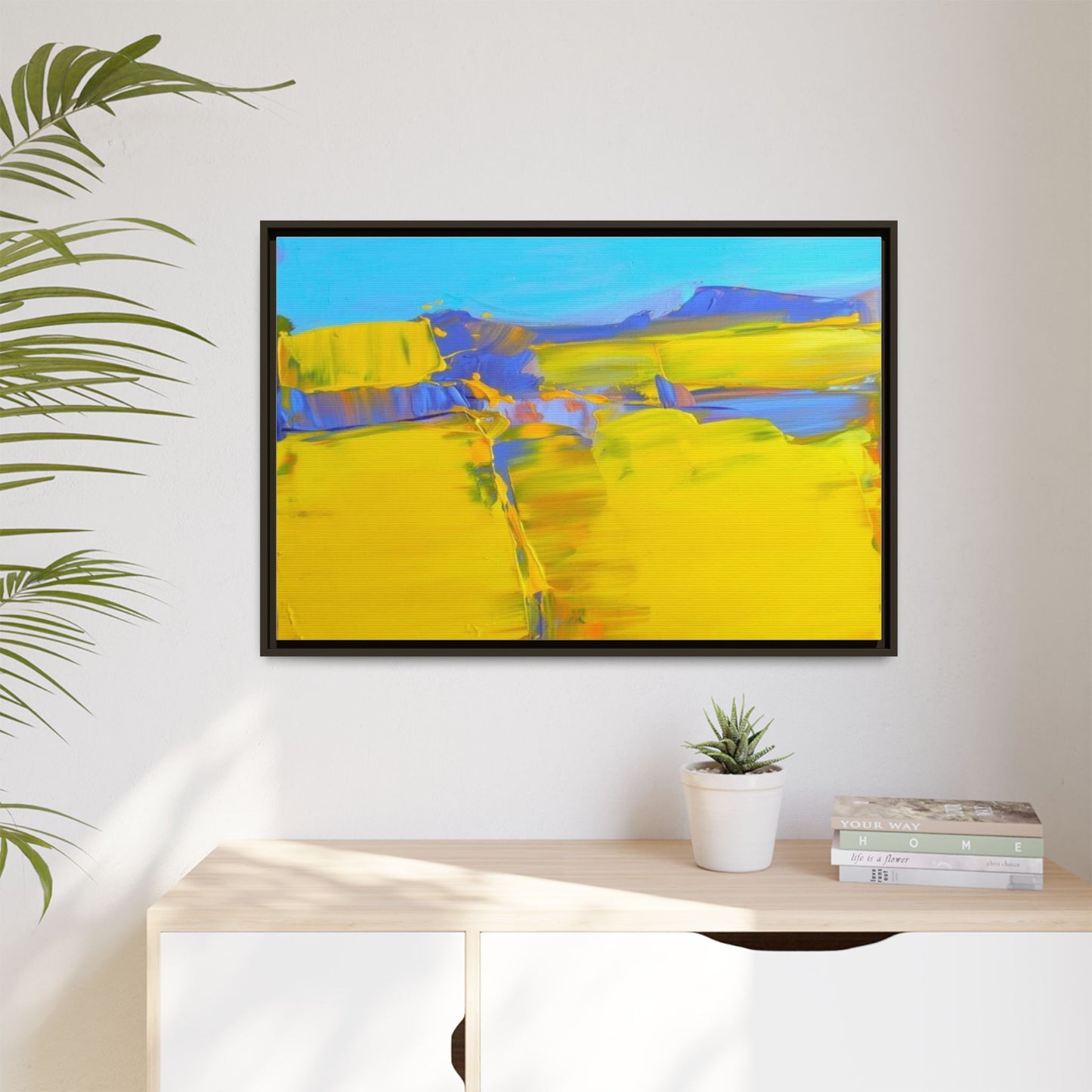 Framed Matte Canvas  Vibrant Yellow Blue Abstract Landscape Art