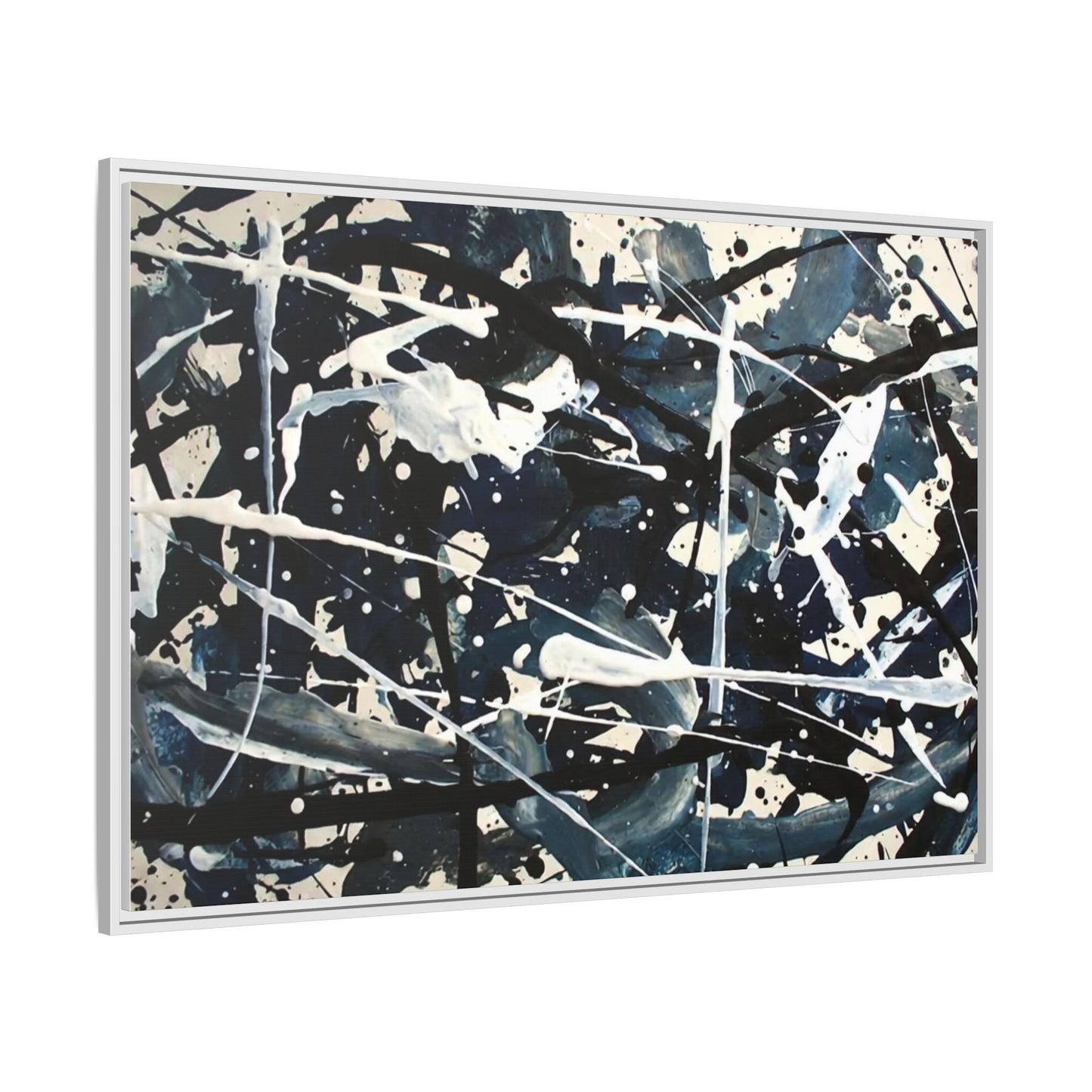 Abstract Splatter Matte Canvas Framed Wall Art — Black & Blue Modern Art Print