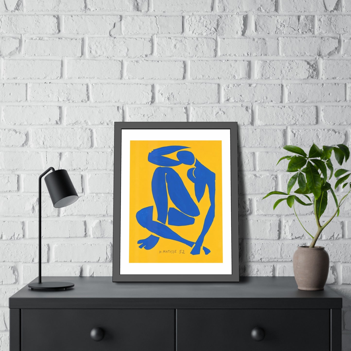 Framed Art Print - Blue Cutout Figure on Yellow (Matisse Style)