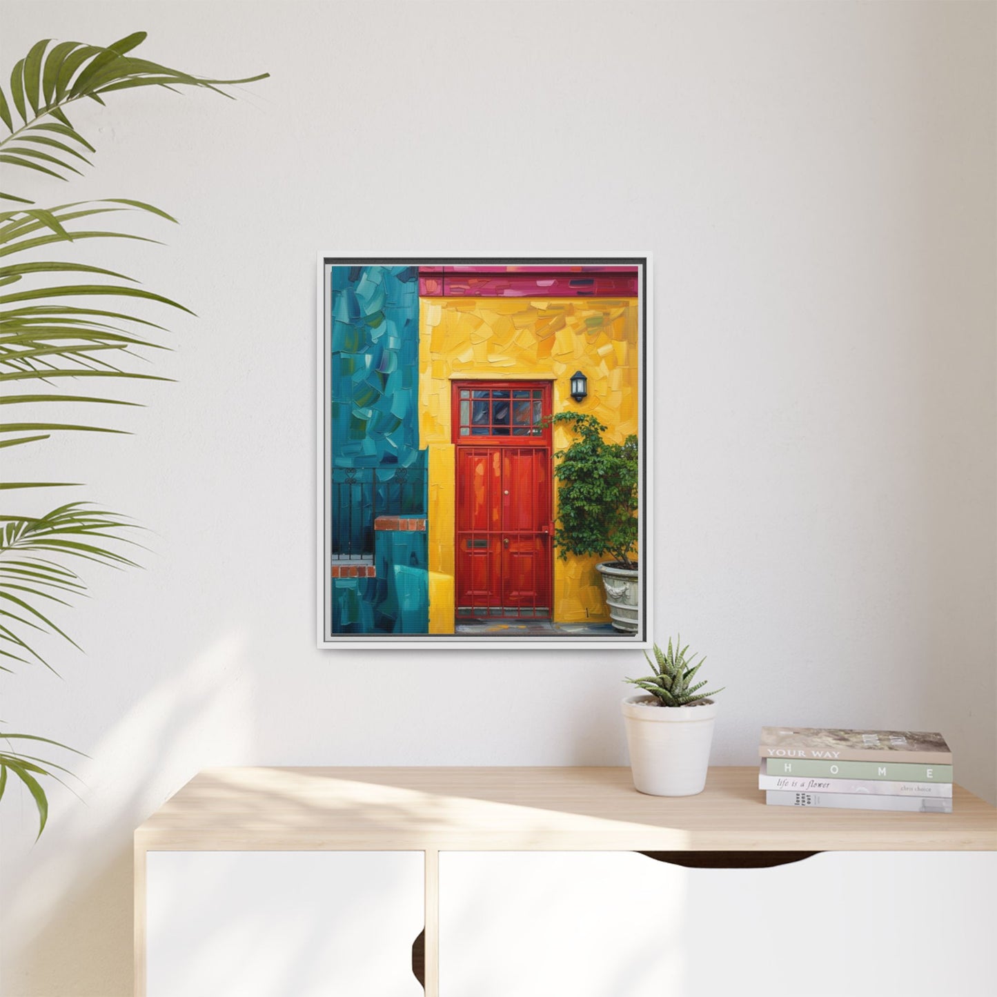 Framed Matte Canvas Wall Art — Colorful Red Door on Yellow Facade