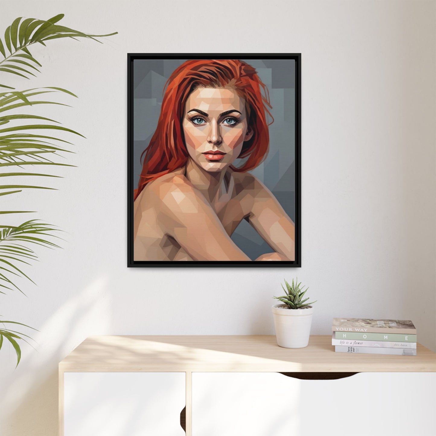 Framed Matte Canvas Portrait — Geometric Redhead Wall Art