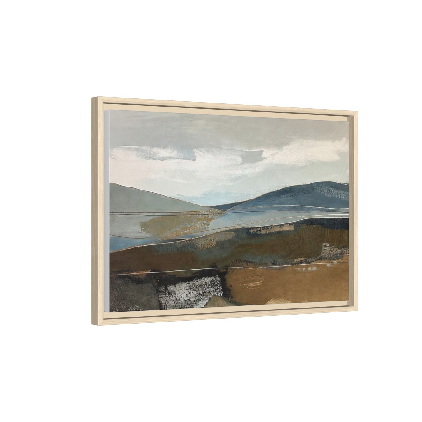 Framed Matte Canvas Landscape Art - Serene Abstract Hills in Blue & Earth Tones