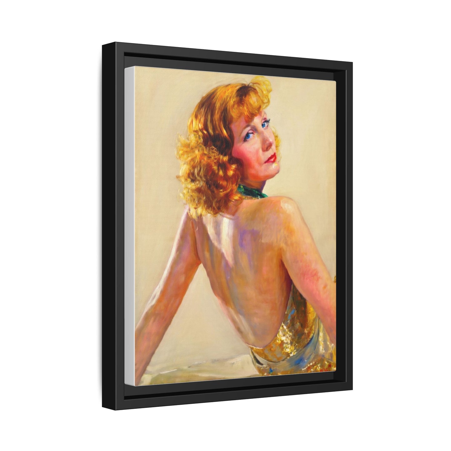 Framed Matte Canvas Print — Vintage Portrait of Redhead Greta Garbo in Gold Dress