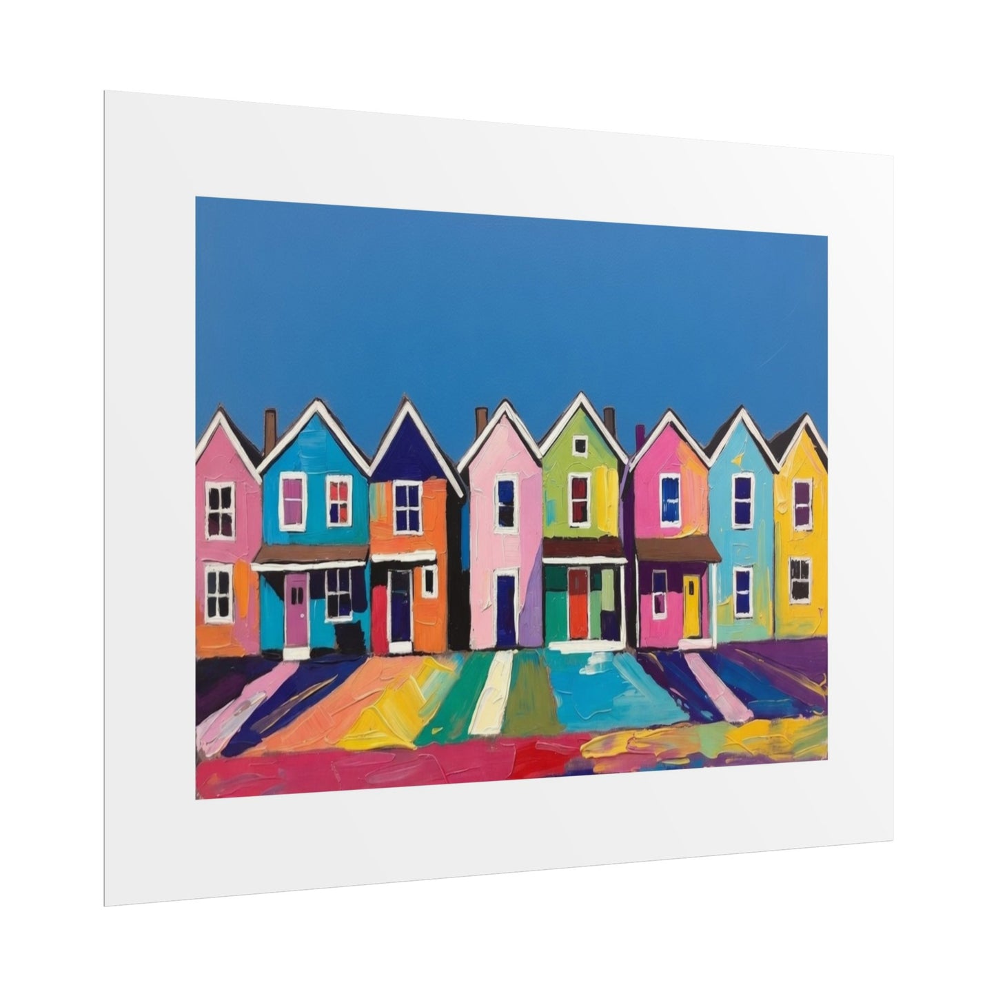 Colorful Row Houses Art Poster — Vibrant Coastal Street Wall Print