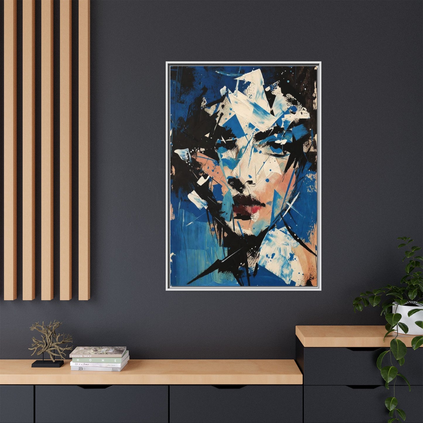Abstract Portrait Matte Canvas Framed Wall Art — Blue Mixed-Media Face Print