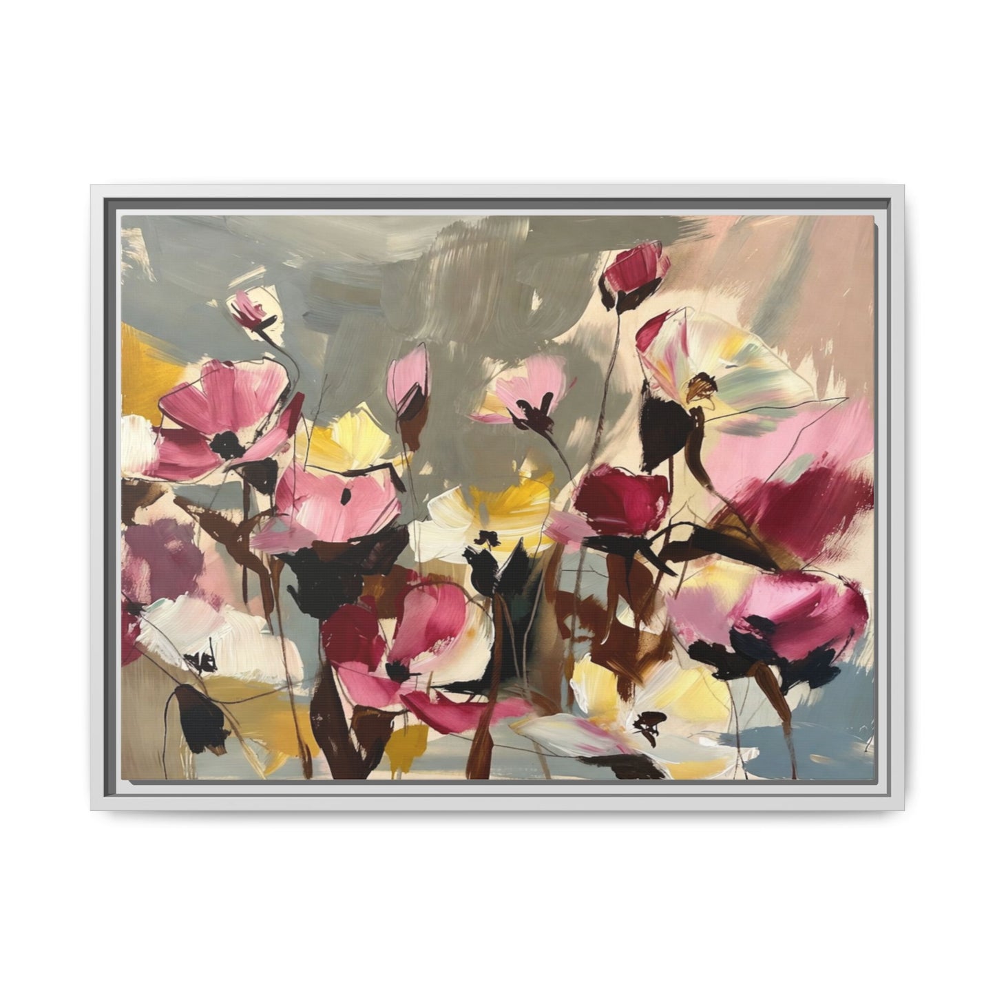 Framed Floral Canvas Wall Art — Abstract Pink & Yellow Flowers