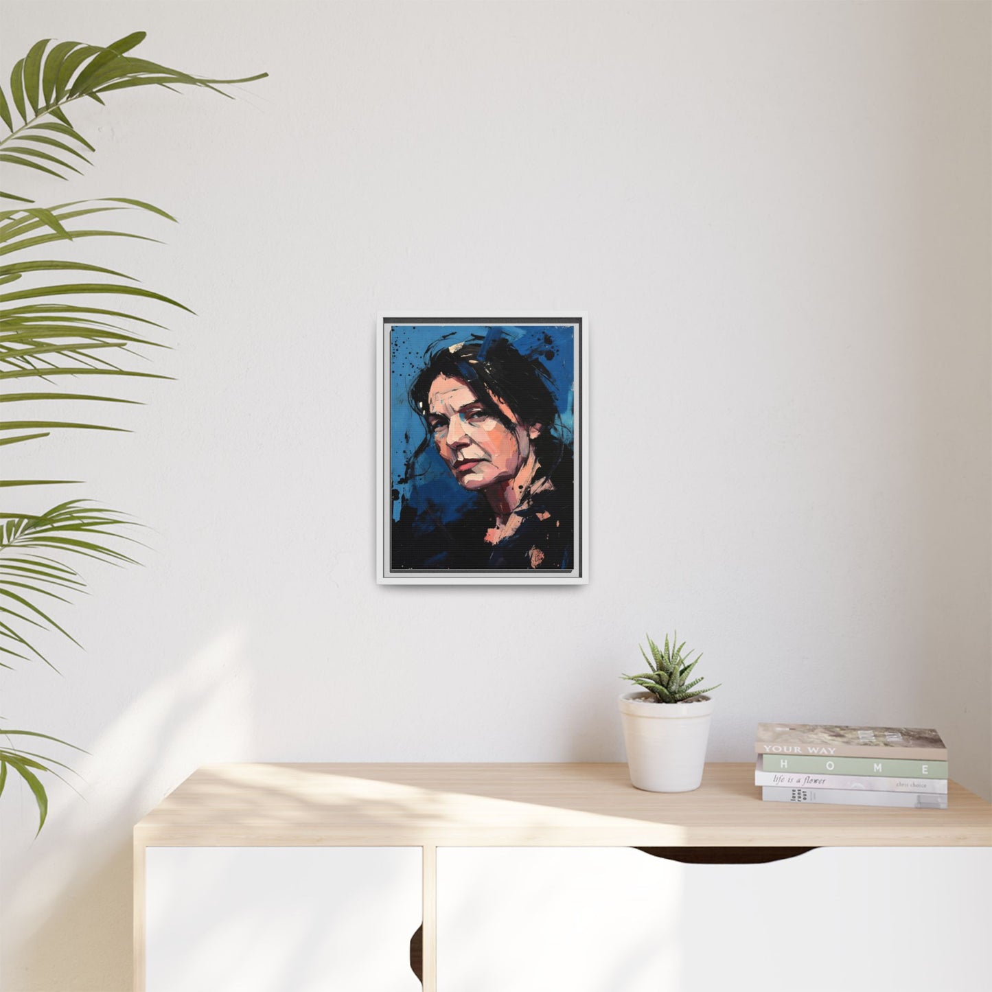 Framed Matte Canvas Portrait — Expressive Blue Painterly Woman Art