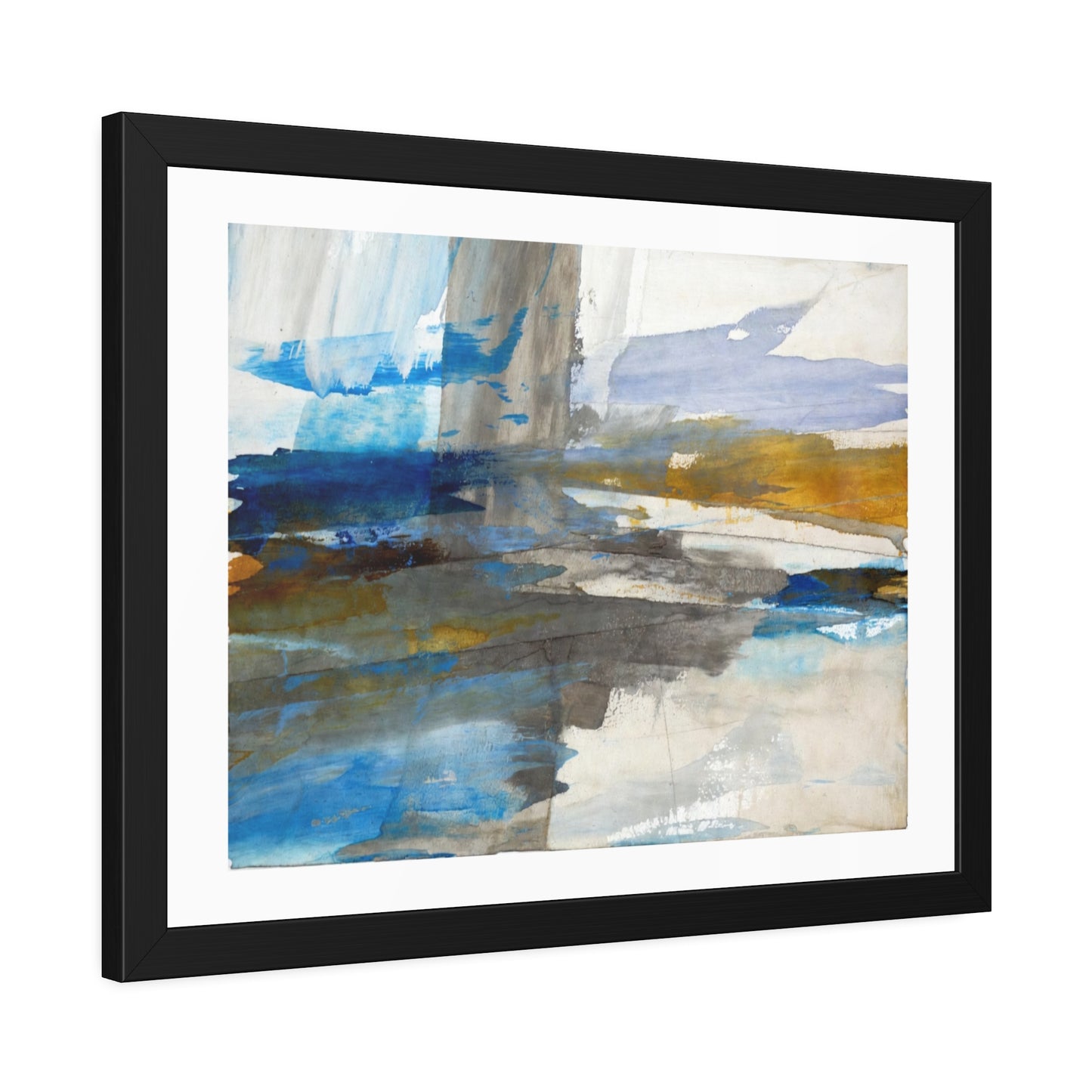 Abstract Coastal Waterscape Framed Poster — Blue & Gold Modern Wall Art