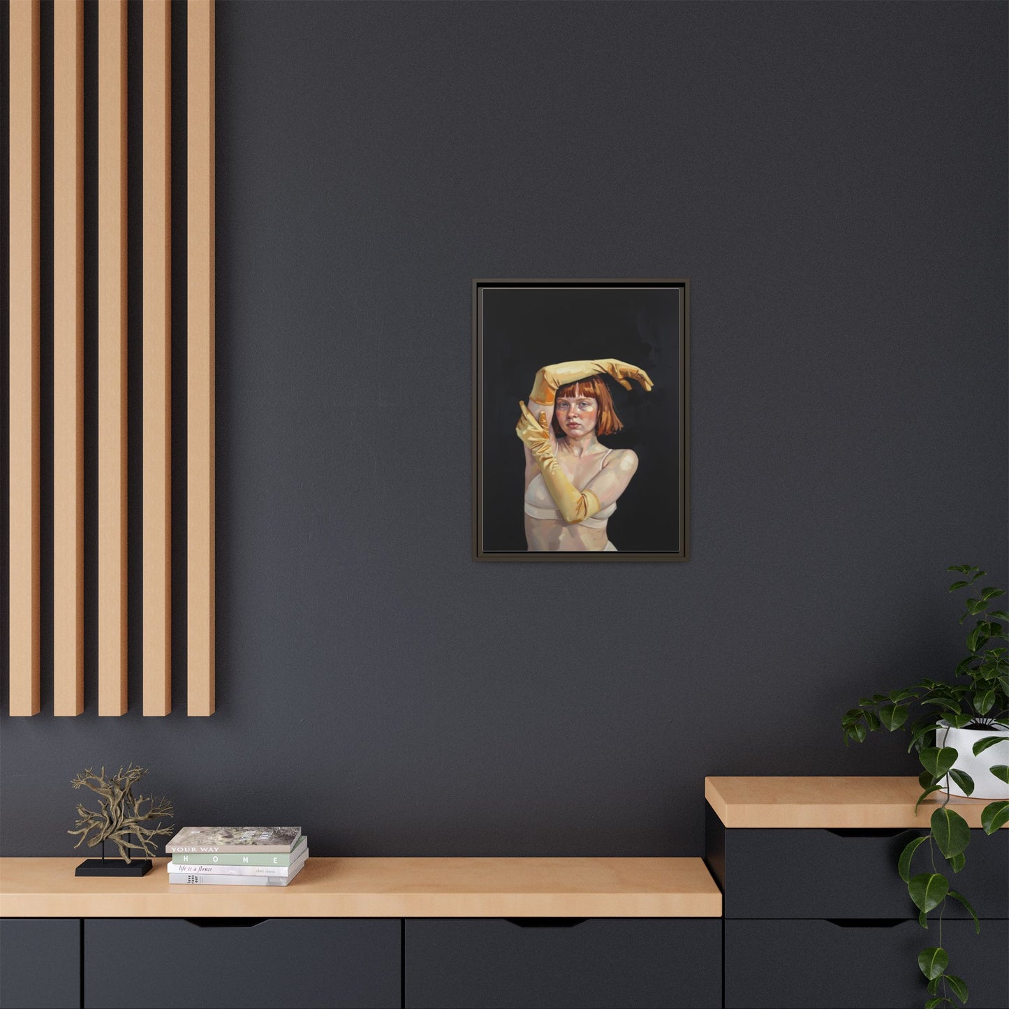 Framed Matte Canvas Art – Portrait of Woman in Yellow Gloves