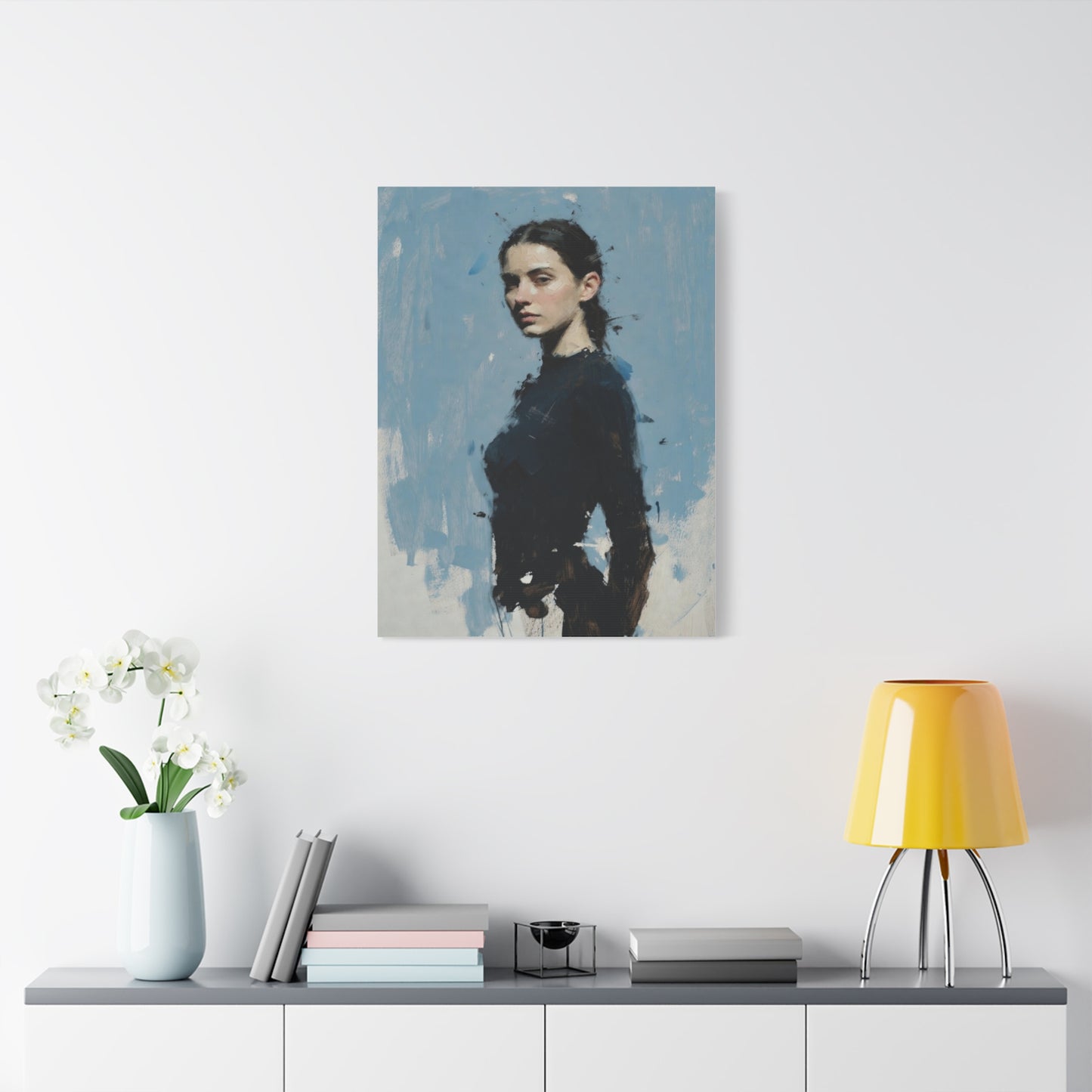 Matte Stretched Canvas Print — Portrait of a Young Woman, Moody Blue Figurative Art