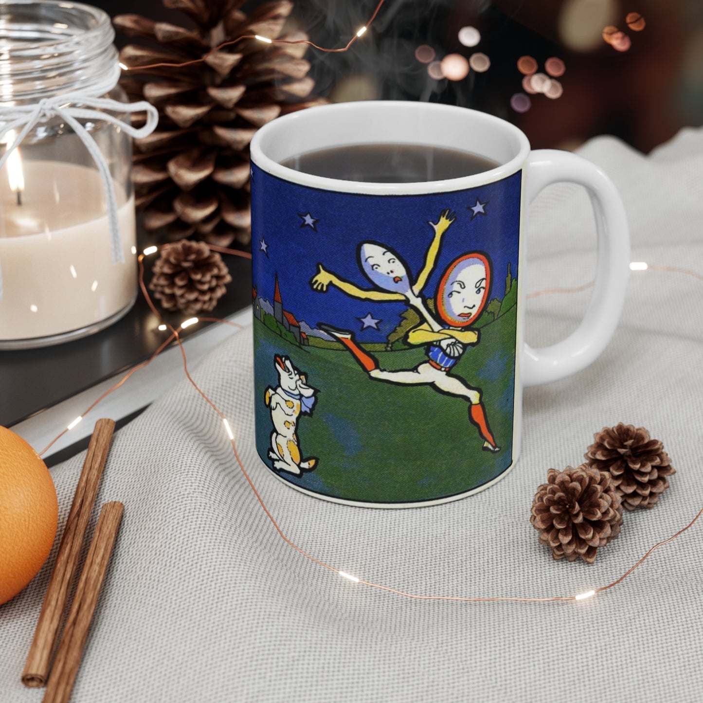 Cow Jumping Over the Moon Mug — Whimsical Nursery Art Coffee Cup