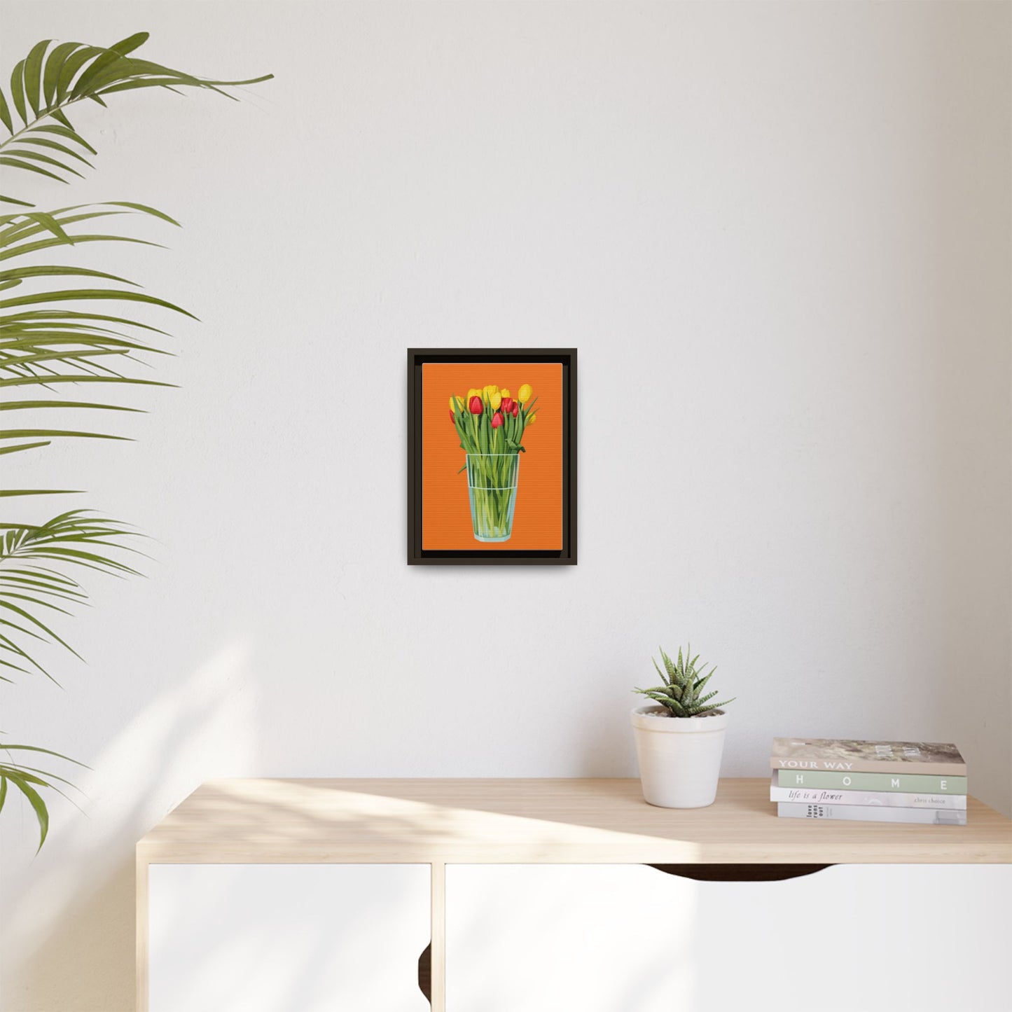 Framed Tulip Canvas Print — Colorful Tulips in Glass Vase