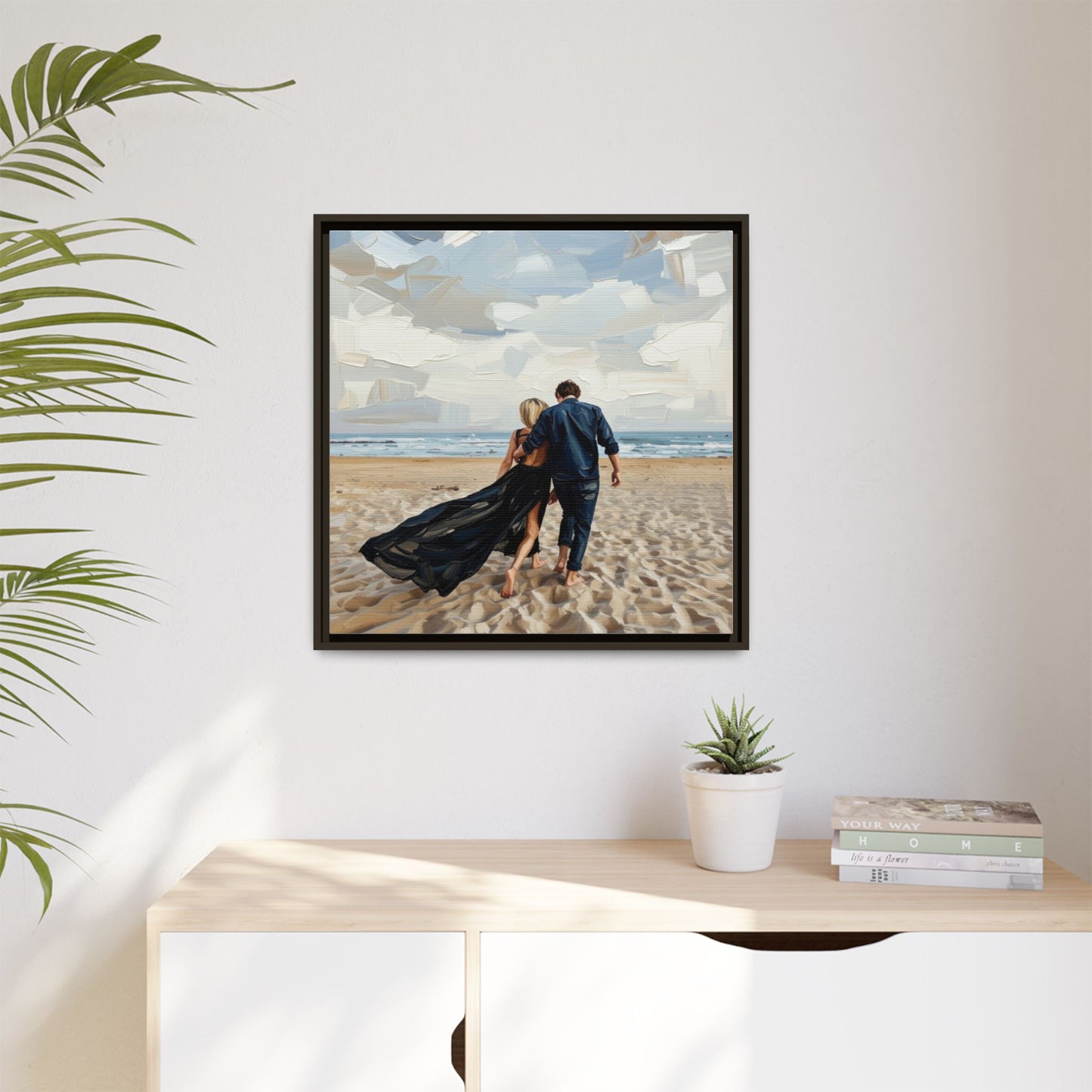 Framed Canvas Wall Art — Romantic Couple Walking on Beach Print