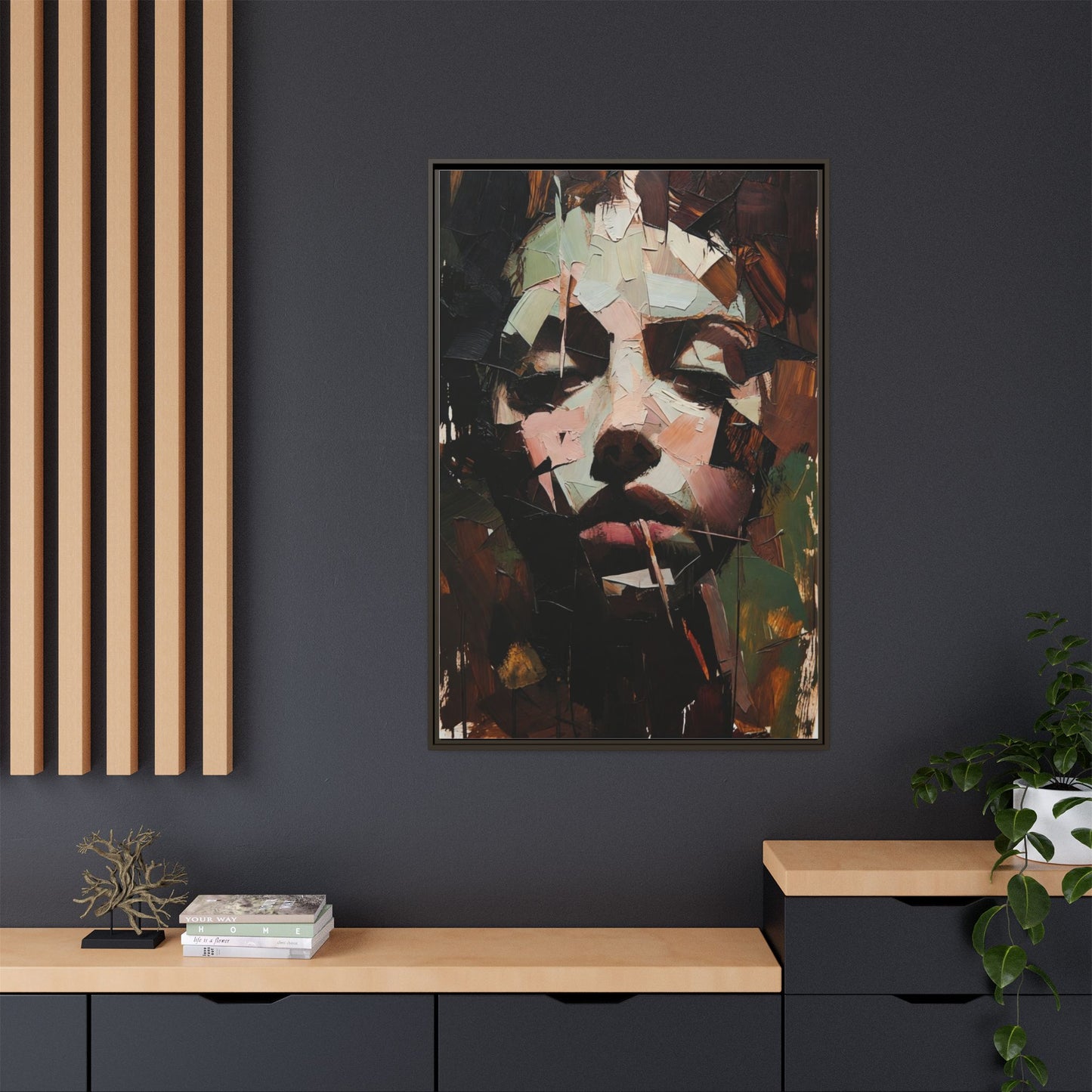 Matte Framed Canvas Art — Abstract Female Portrait, Moody Multicolor