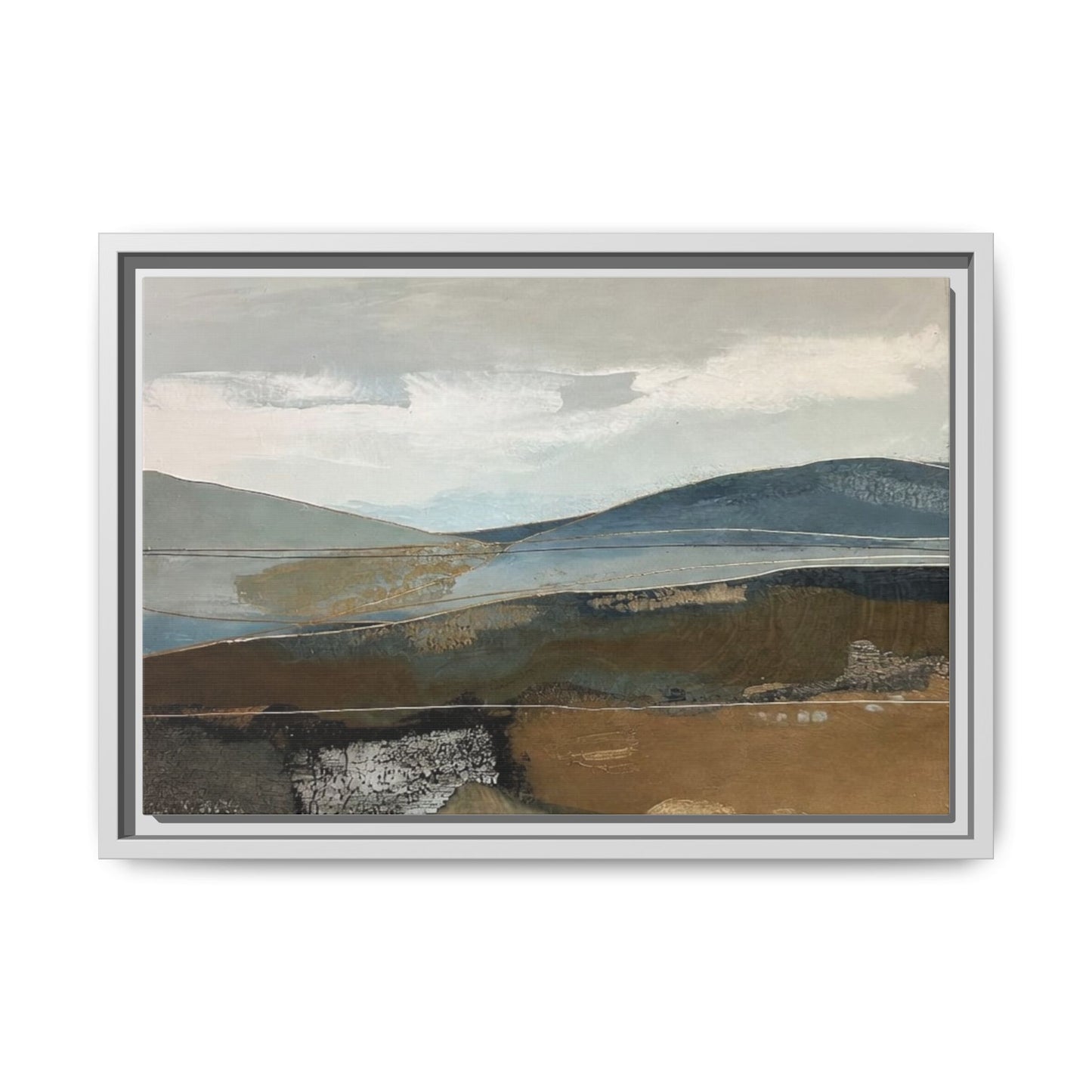 Framed Matte Canvas Landscape Art - Serene Abstract Hills in Blue & Earth Tones