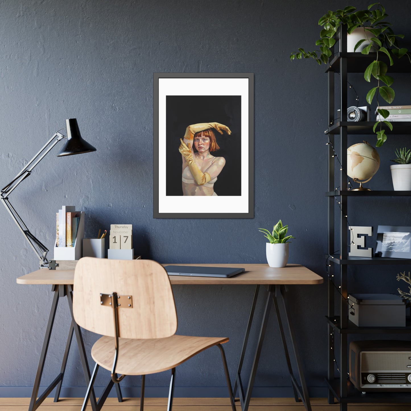 Framed Art Poster — Portrait of Redhead Woman in Yellow Gloves (Gallery Wall Print)