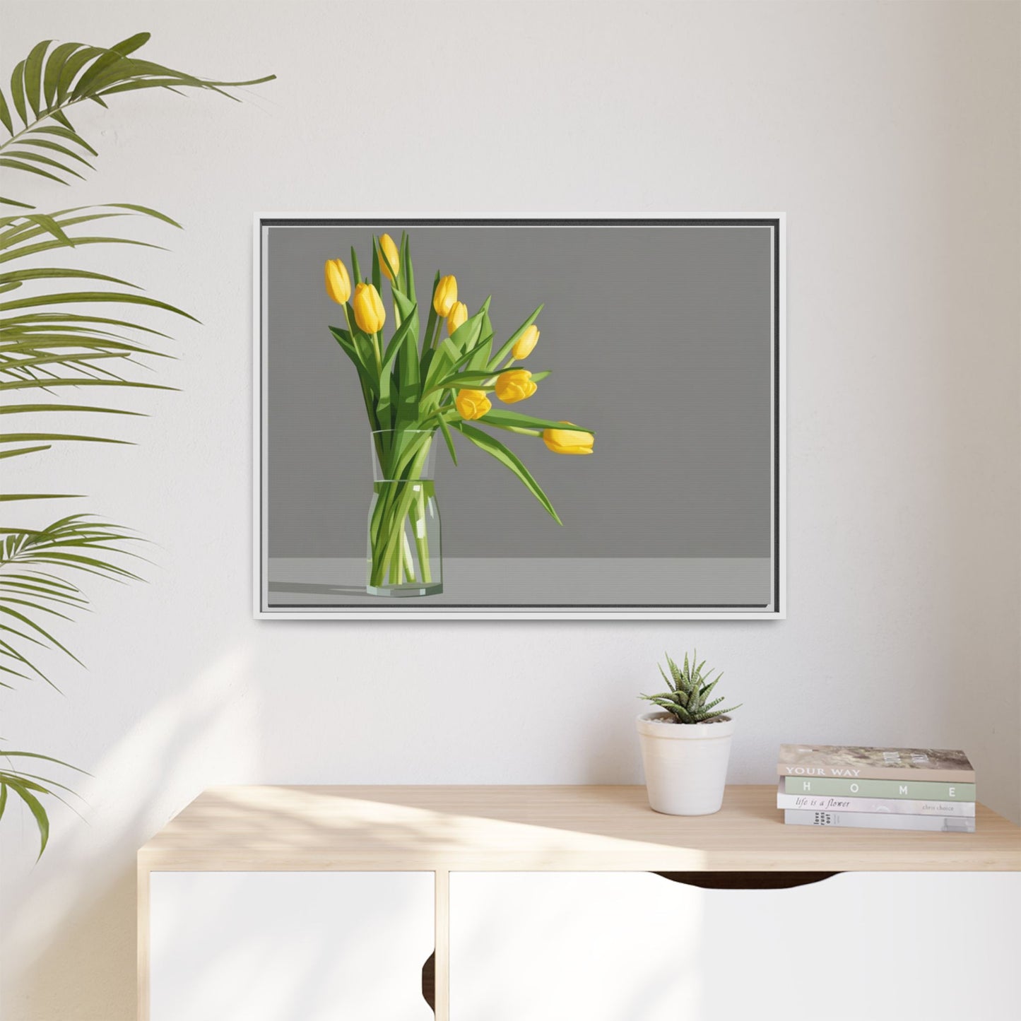 Framed Matte Canvas Art — Yellow Tulip Vase Wall Print