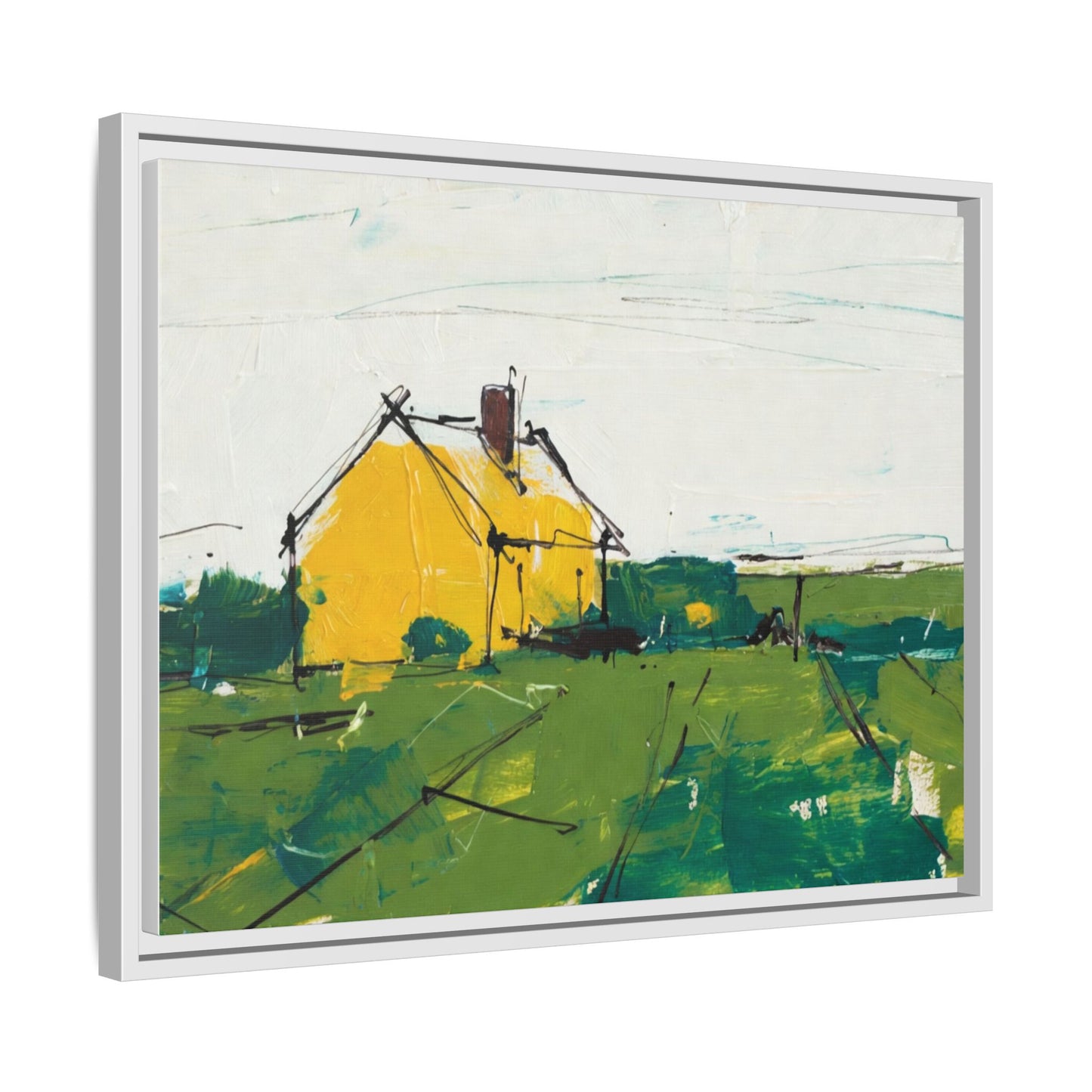 Yellow Cottage Landscape Framed Canvas Print