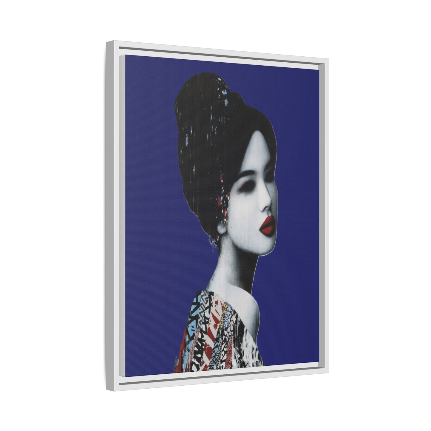 Framed Matte Canvas Art — Elegant Geisha Portrait on Deep Blue