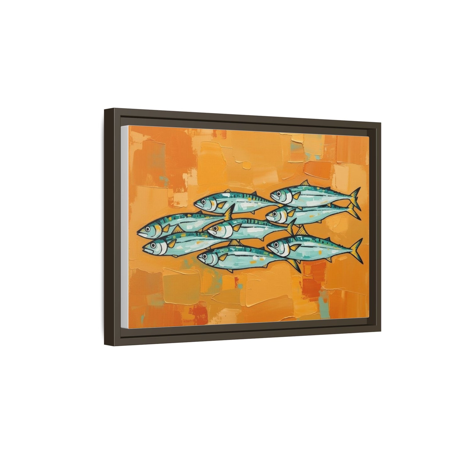 Framed Matte Canvas Print — School of Blue Fish on Orange Abstract Background