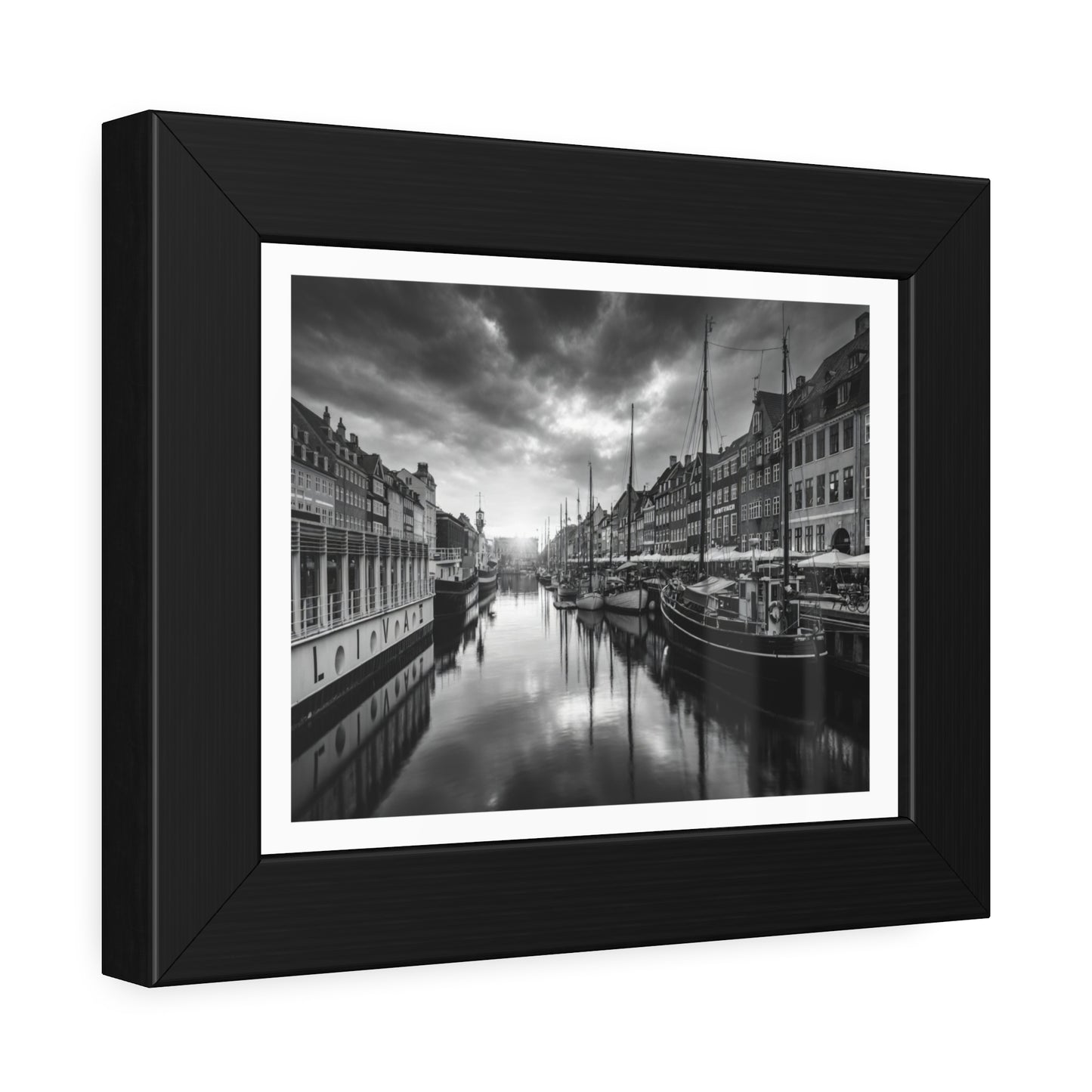 Black & White Dutch Canal Framed Photo Print — Nautical Cityscape Wall Art