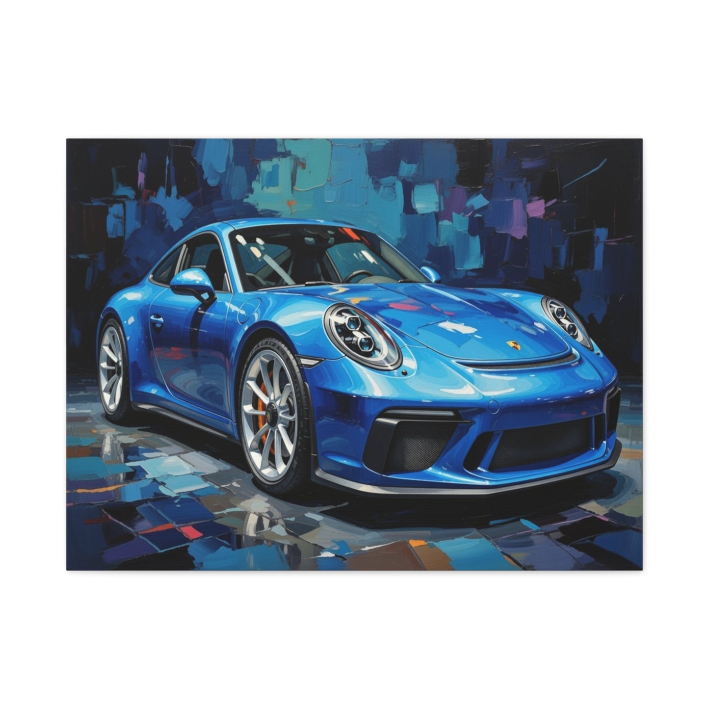 Blue Sports Car Canvas Wall Art — Modern Automotive Painting on Stretched Matte Canvas