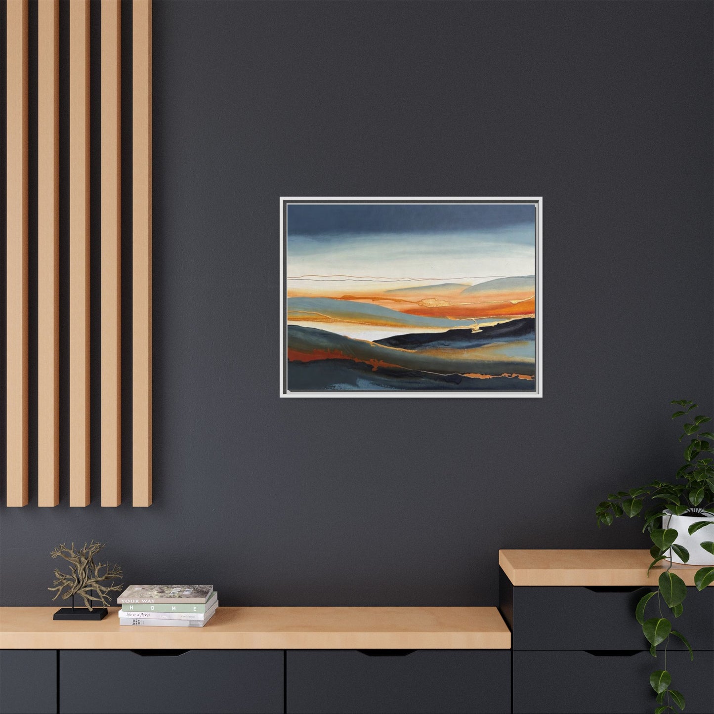 Framed Matte Canvas: Abstract Coastal Sunset Landscape Wall Art