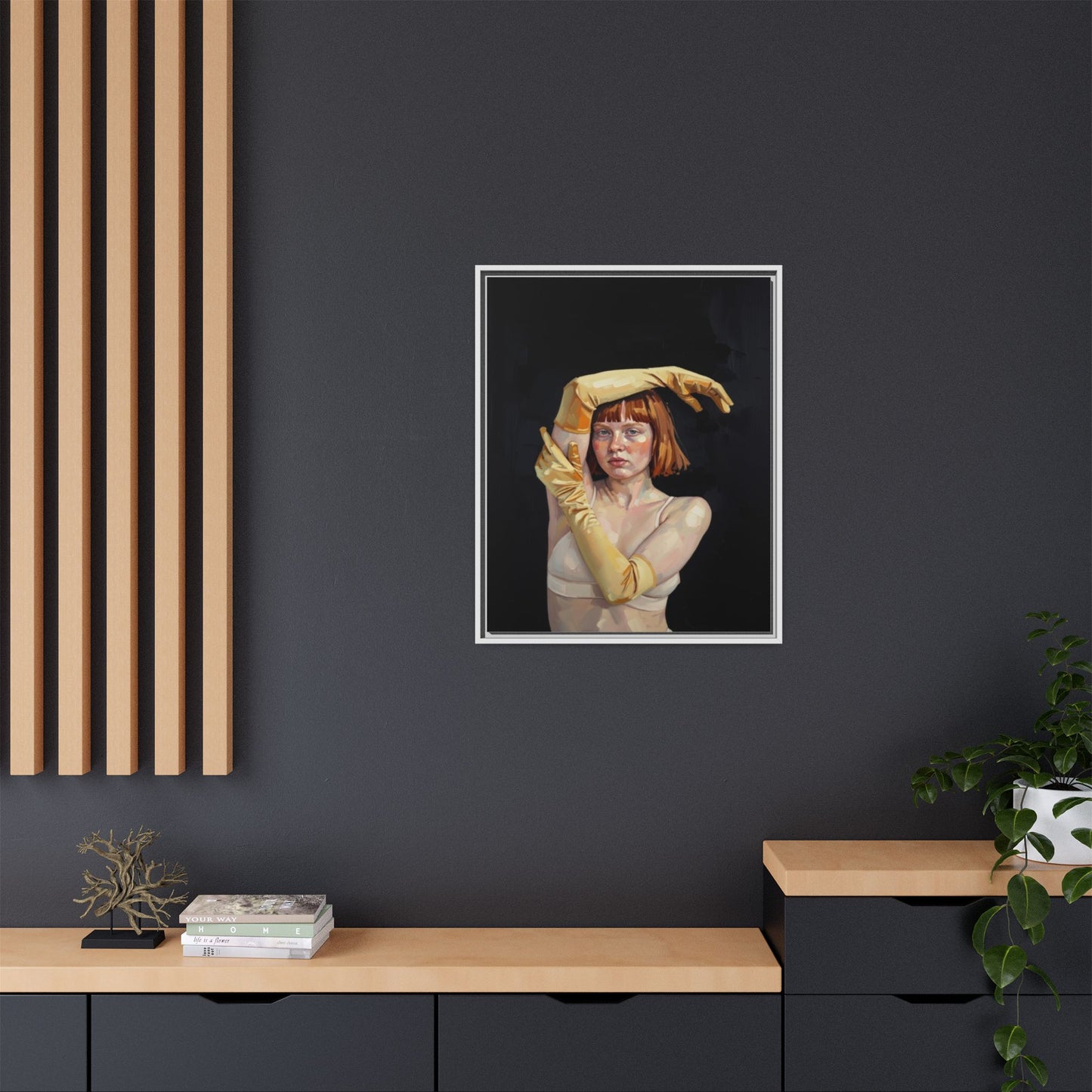 Framed Matte Canvas Art – Portrait of Woman in Yellow Gloves