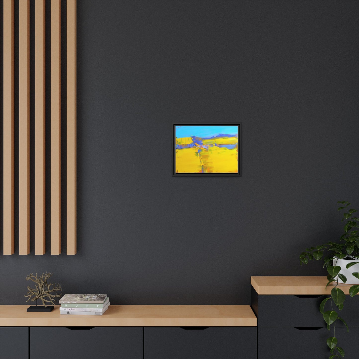 Framed Matte Canvas  Vibrant Yellow Blue Abstract Landscape Art