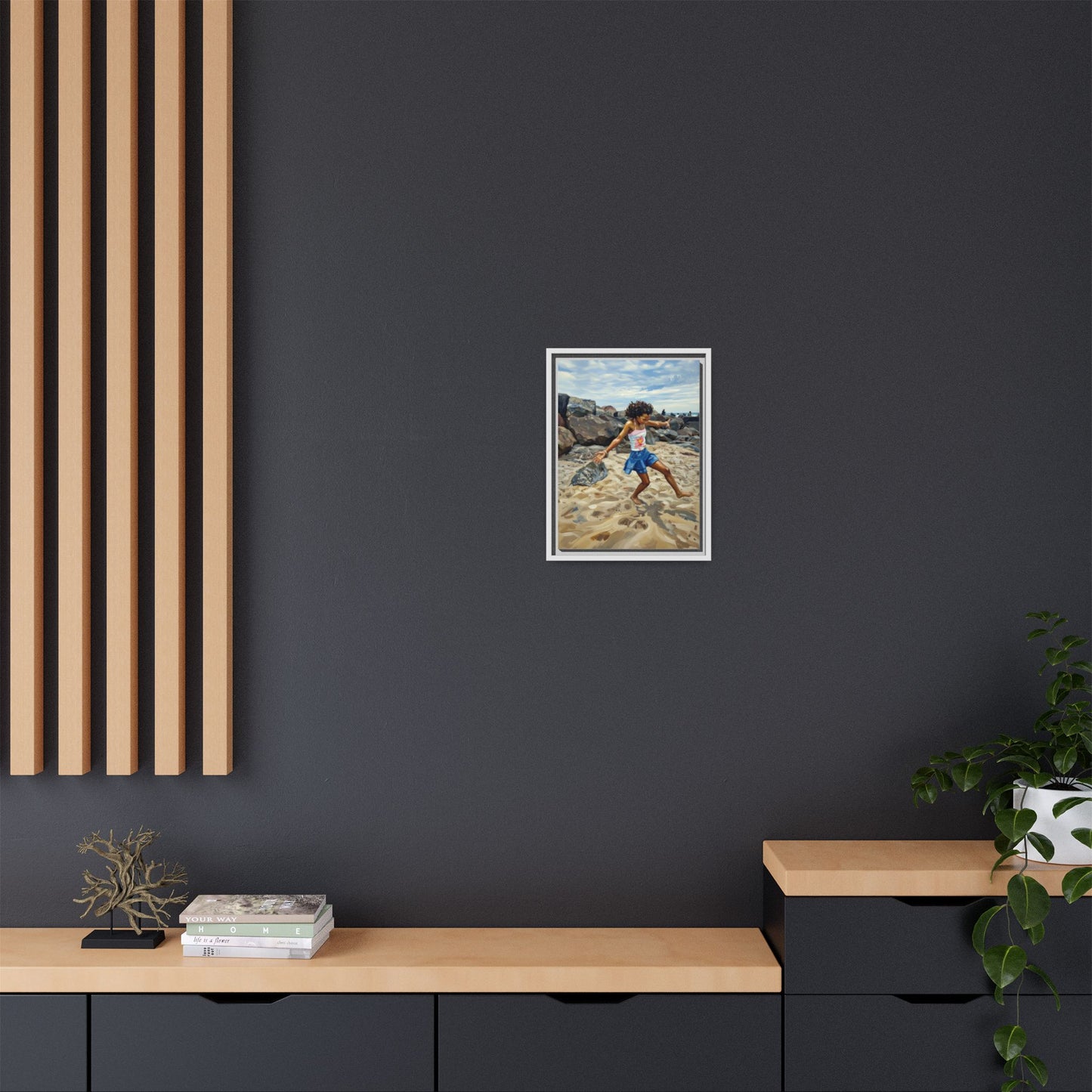 Framed Canvas Art - Girl Dancing on the Beach (Matte Multi-Color)