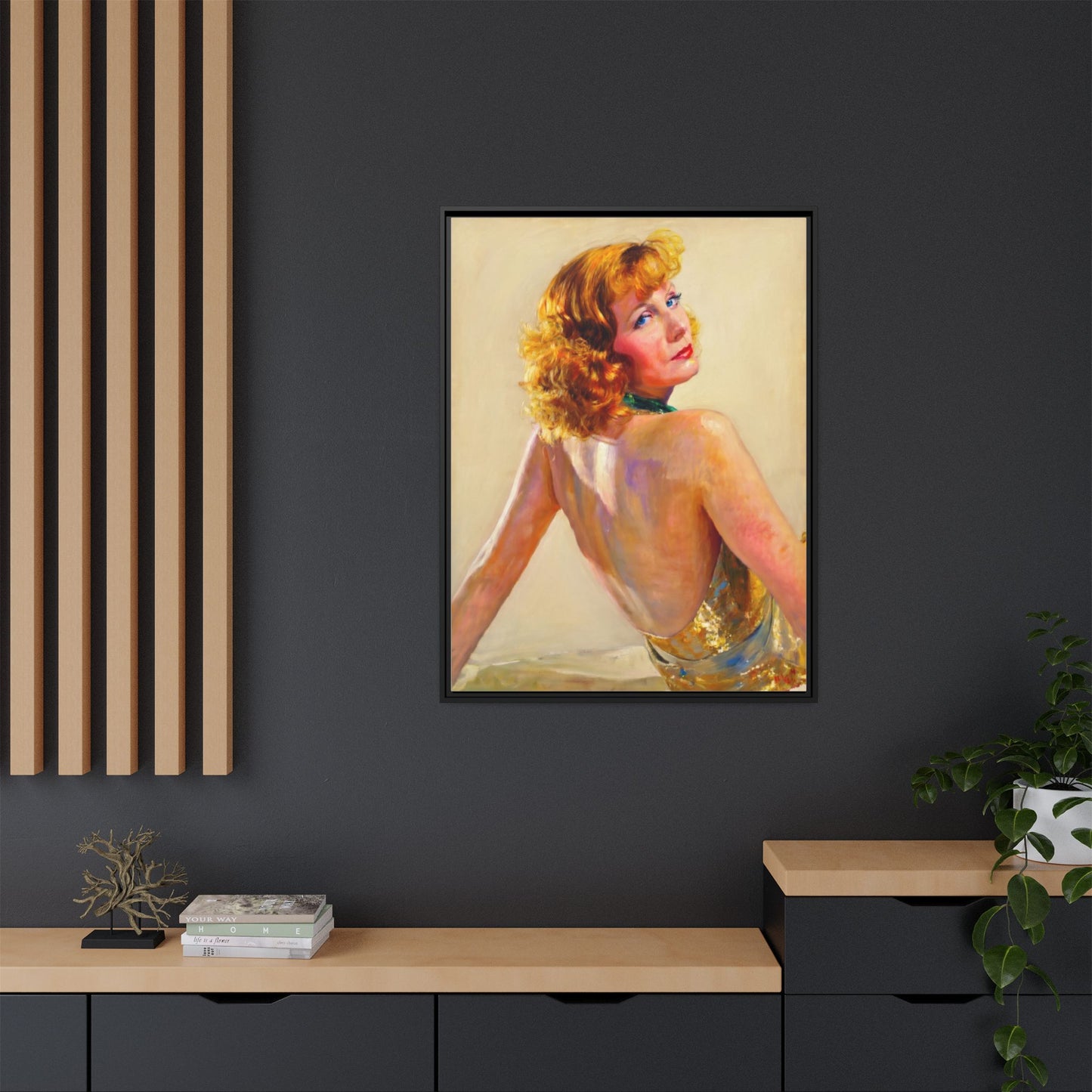 Framed Matte Canvas Print — Vintage Portrait of Redhead Greta Garbo in Gold Dress