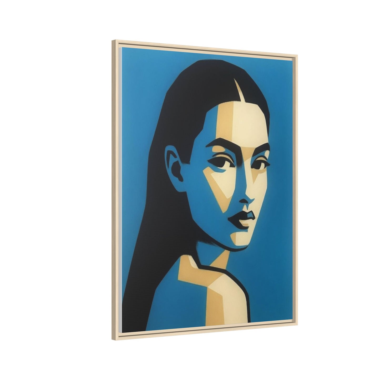 Framed Pop Art Portrait Canvas — Blue Geometric Woman Print