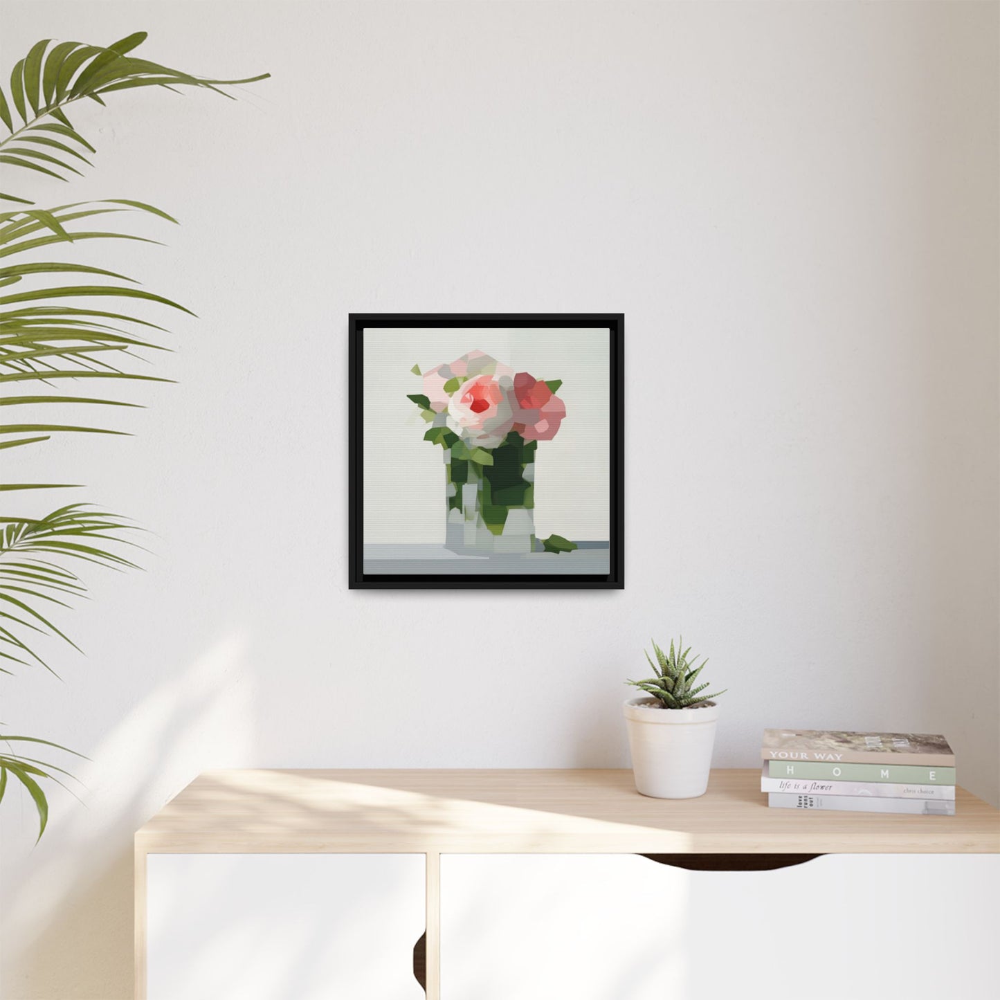 Framed Floral Canvas Print — Modern Pink Roses Still Life