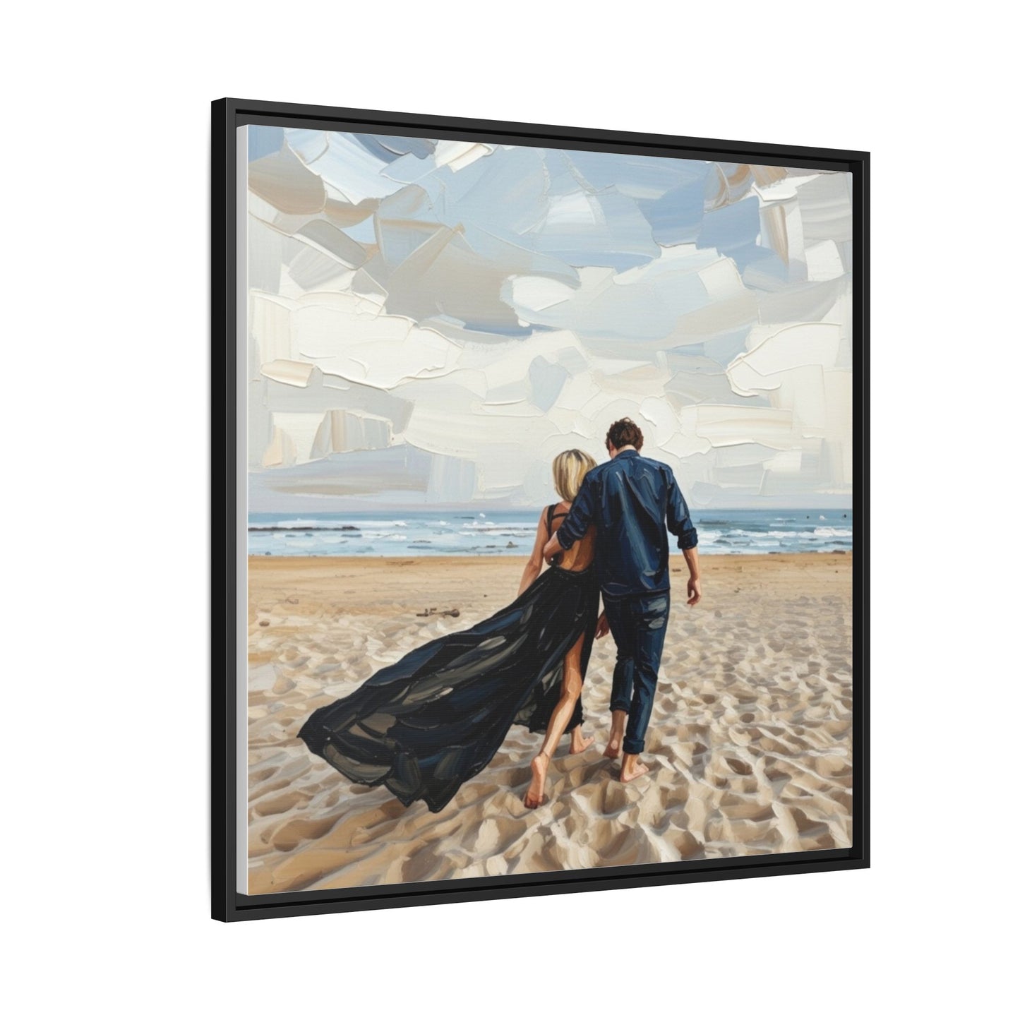 Framed Canvas Wall Art — Romantic Couple Walking on Beach Print
