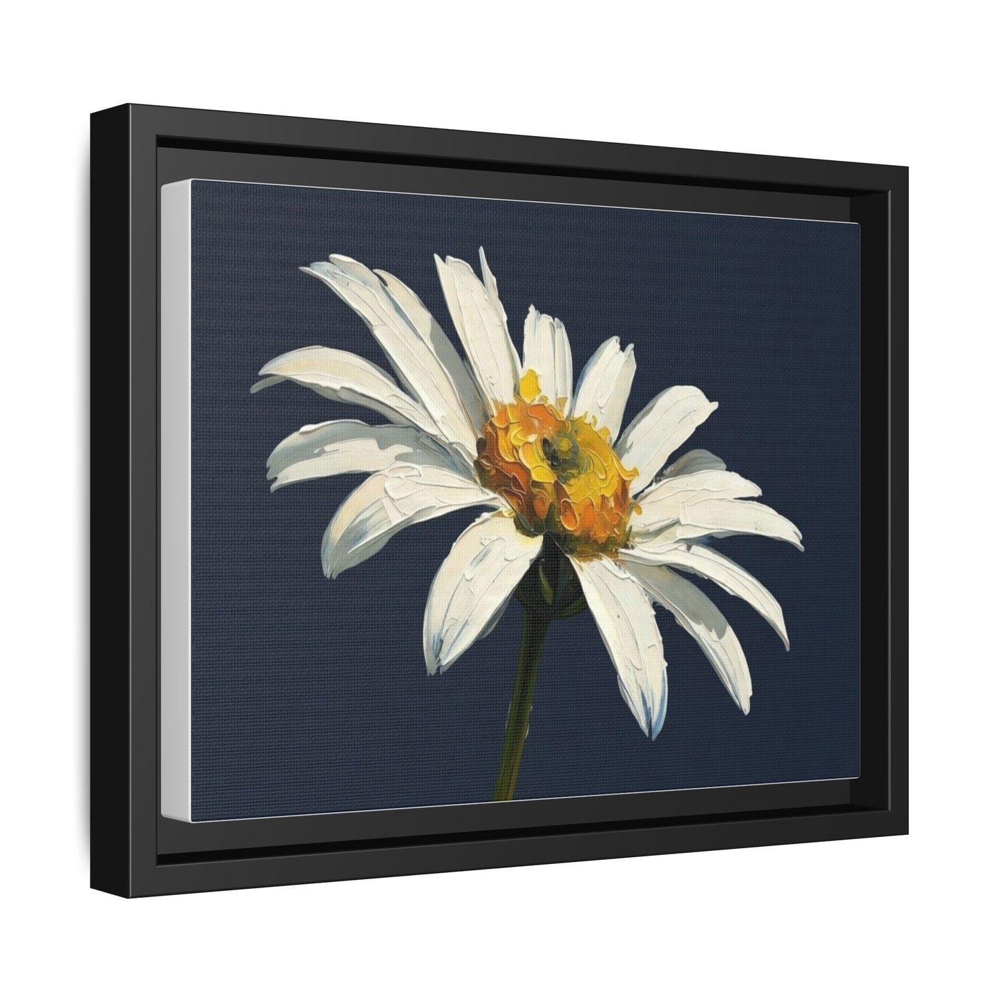 Framed Matte Canvas Daisy Wall Art — White Floral Painting on Navy