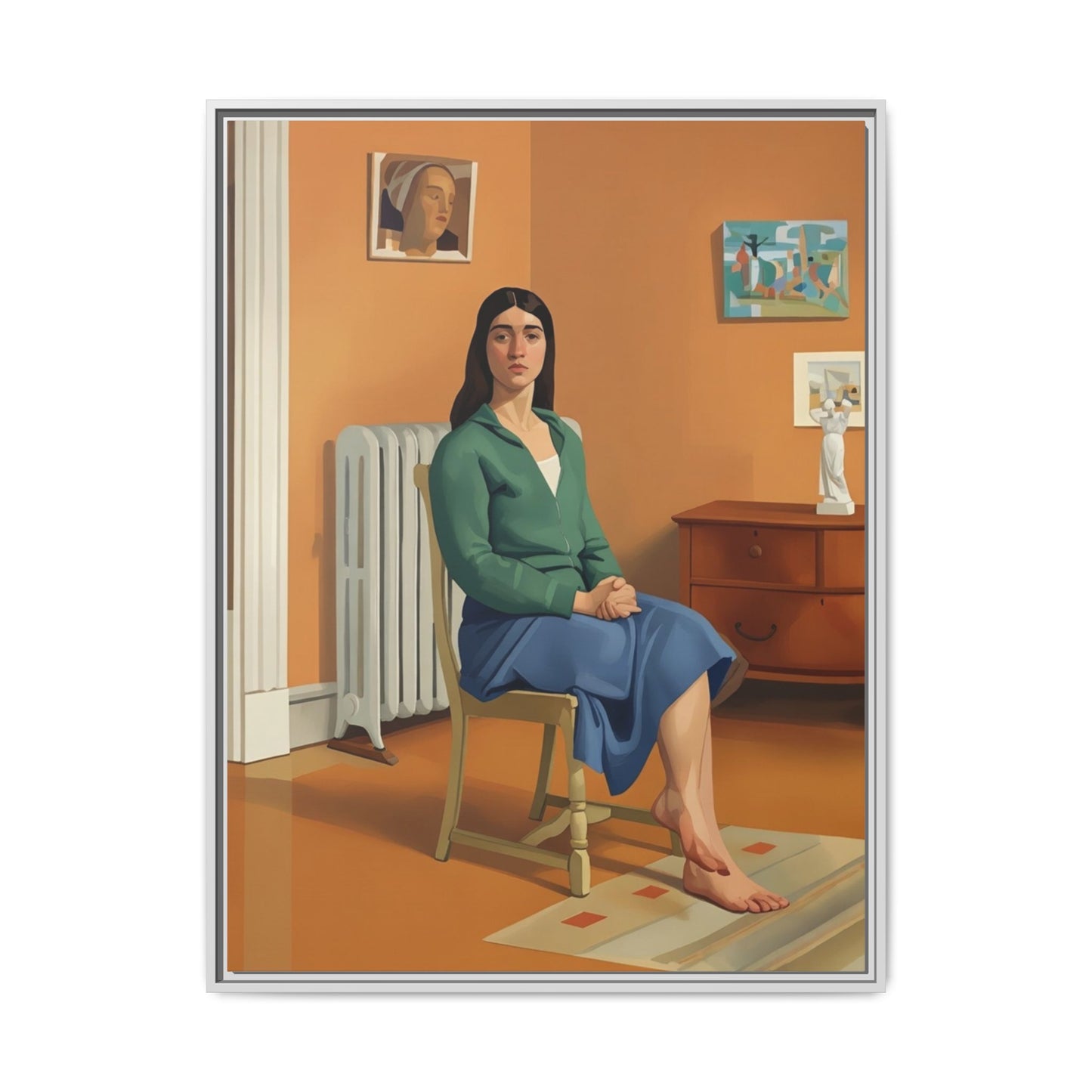 Framed Matte Canvas Print — Woman Seated in Warm Interior (Midcentury Portrait)