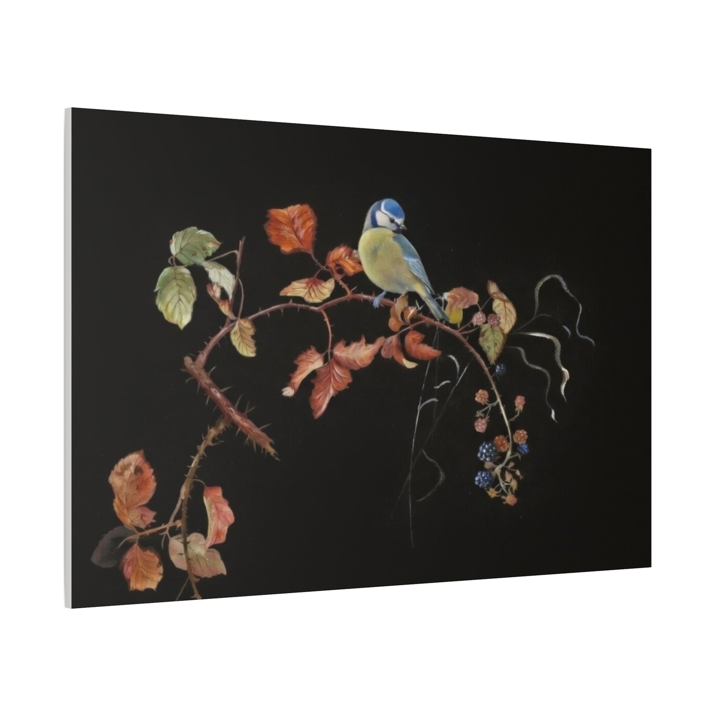 Canvas Wall Art - Blue Tit on Autumn Branch, Stretched Matte Canvas