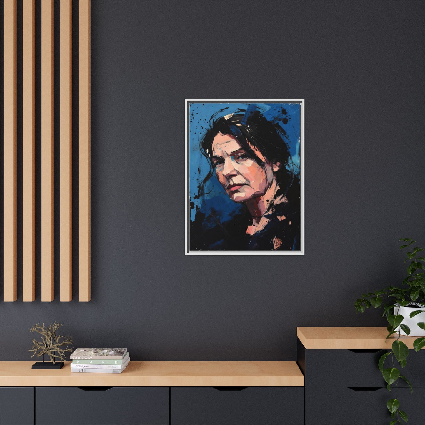 Framed Matte Canvas Portrait — Expressive Blue Painterly Woman Art