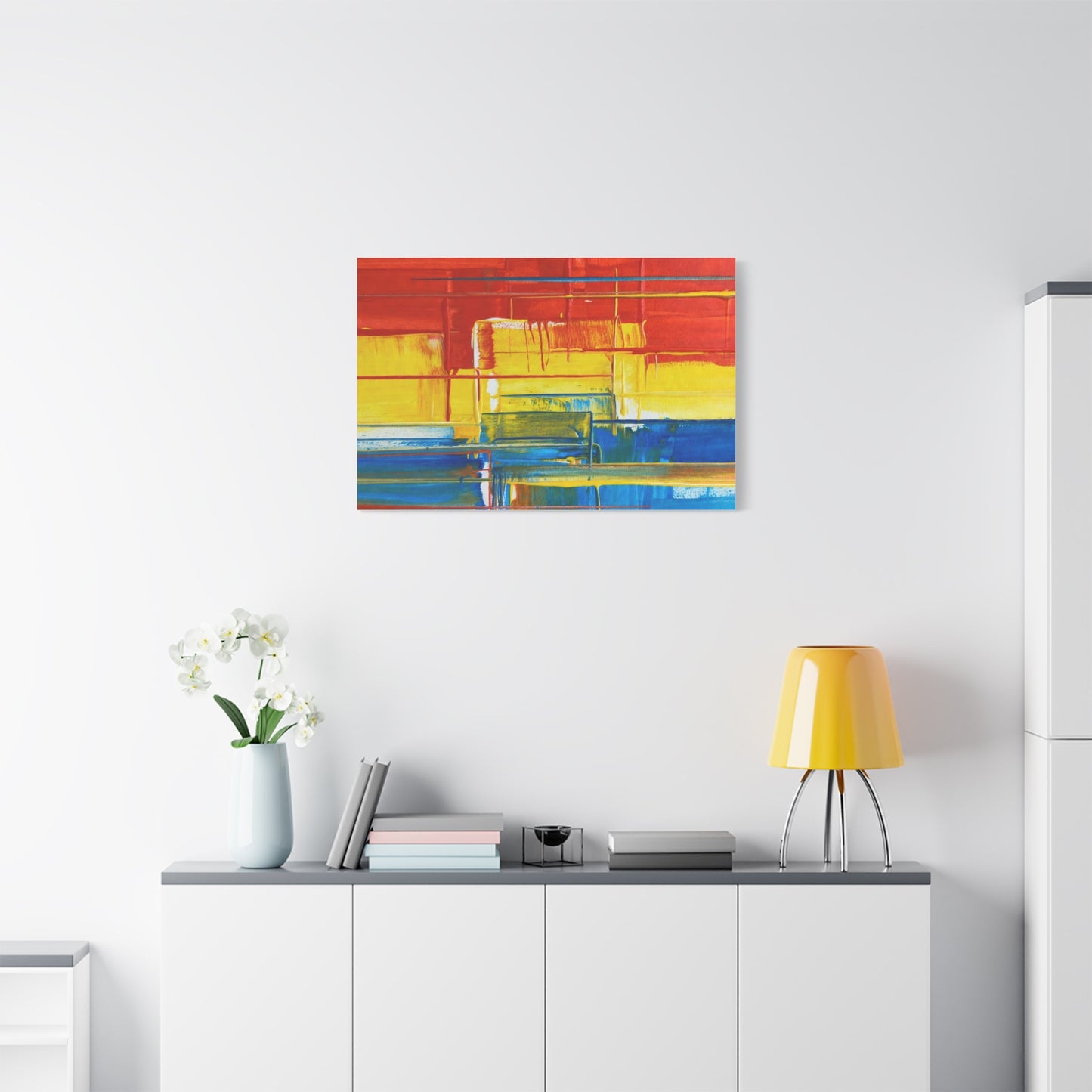 Abstract Color Block Canvas Print — Vibrant Red, Yellow & Blue Stretched Wall Art